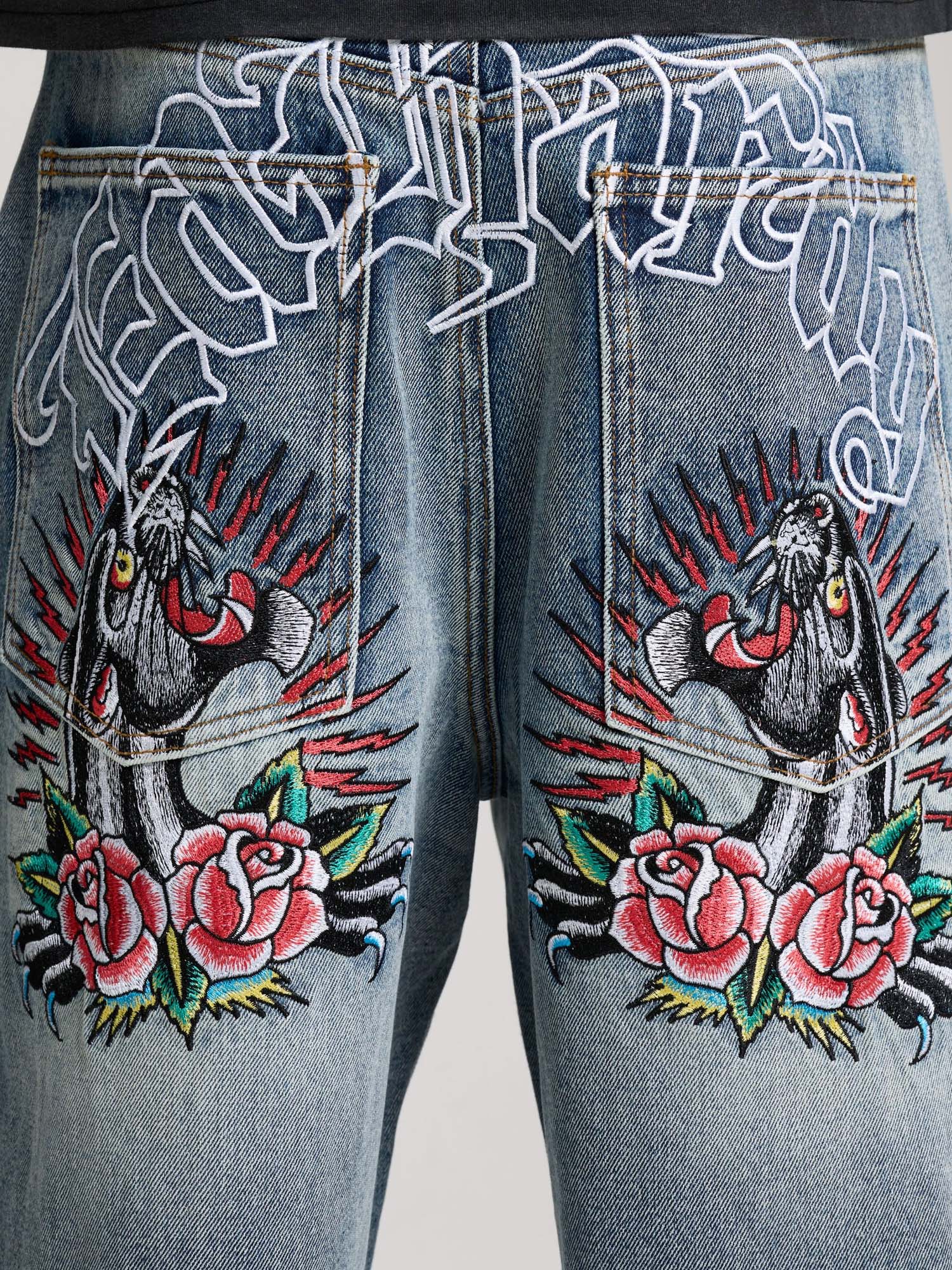 Ed Hardy Jeans Embroidered Panther Relaxed Blu