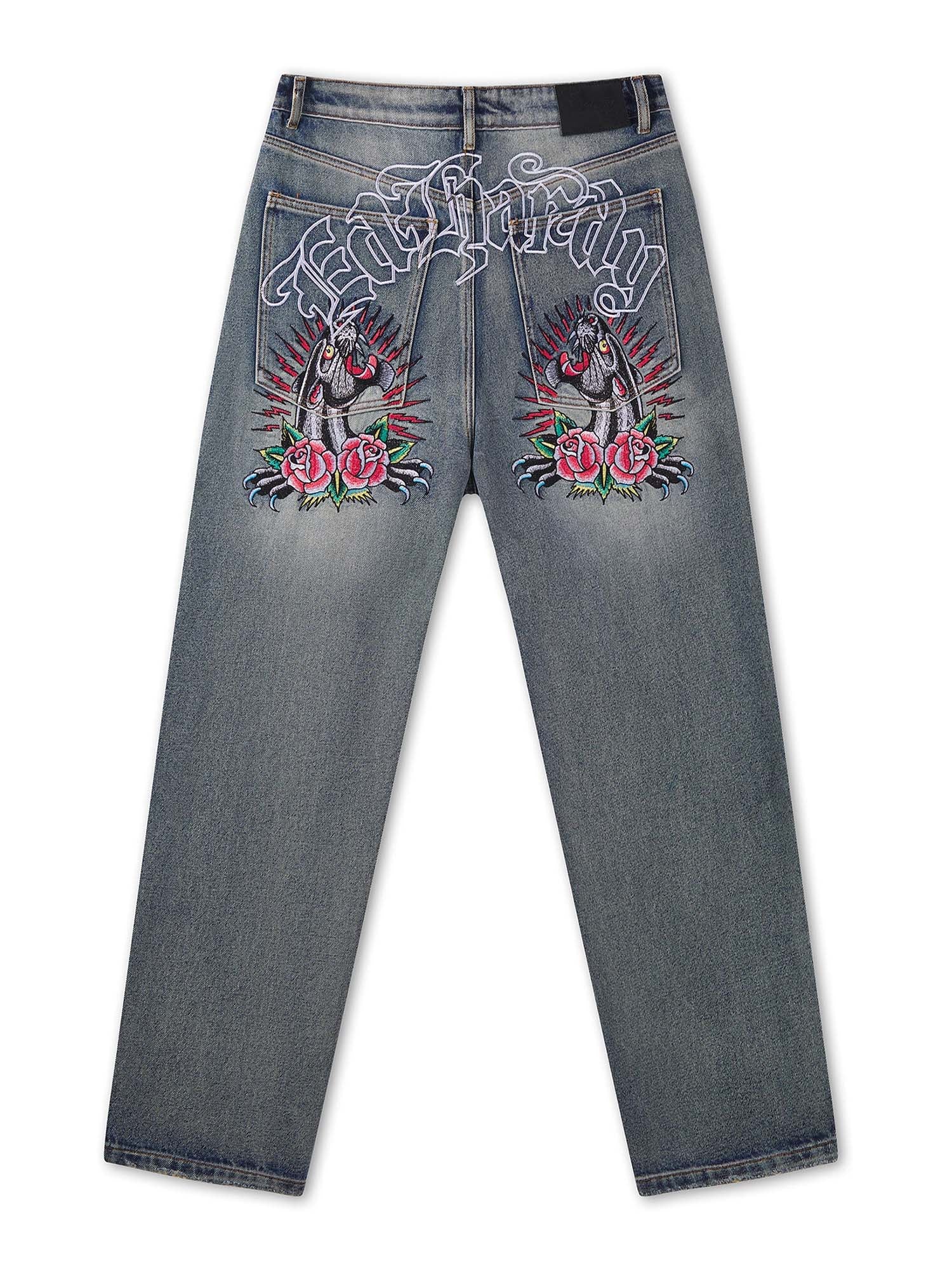 Ed Hardy Jeans Embroidered Panther Relaxed Blu