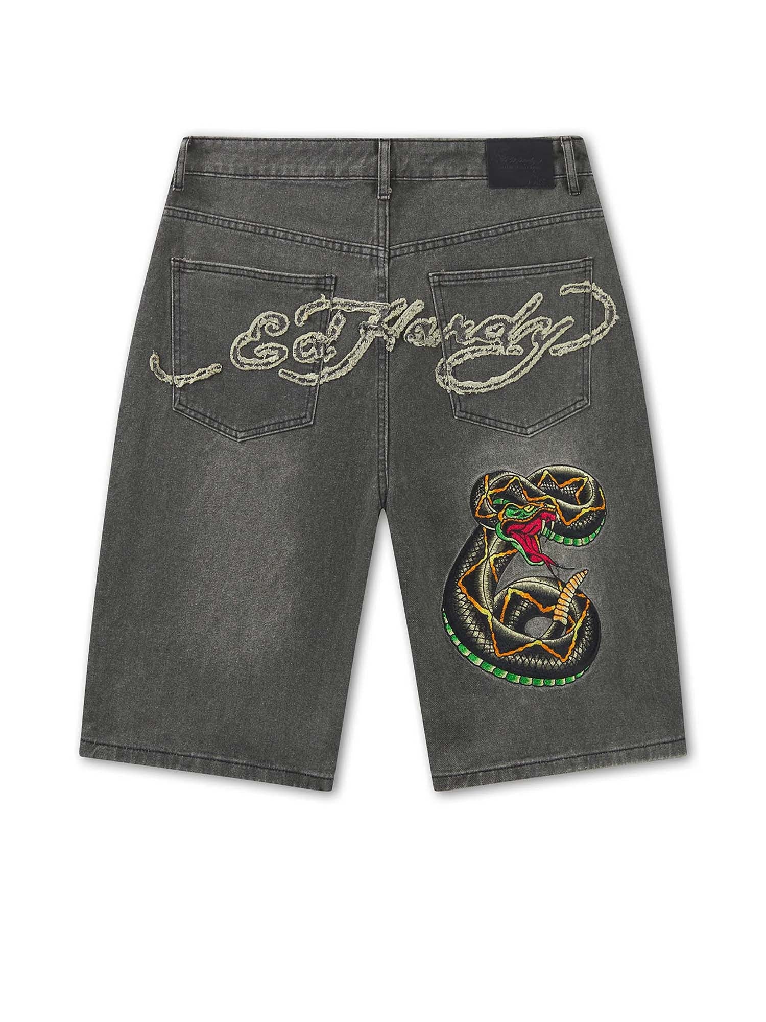 Ed Hardy Jort Desert Snake Relaxed Denim Nero