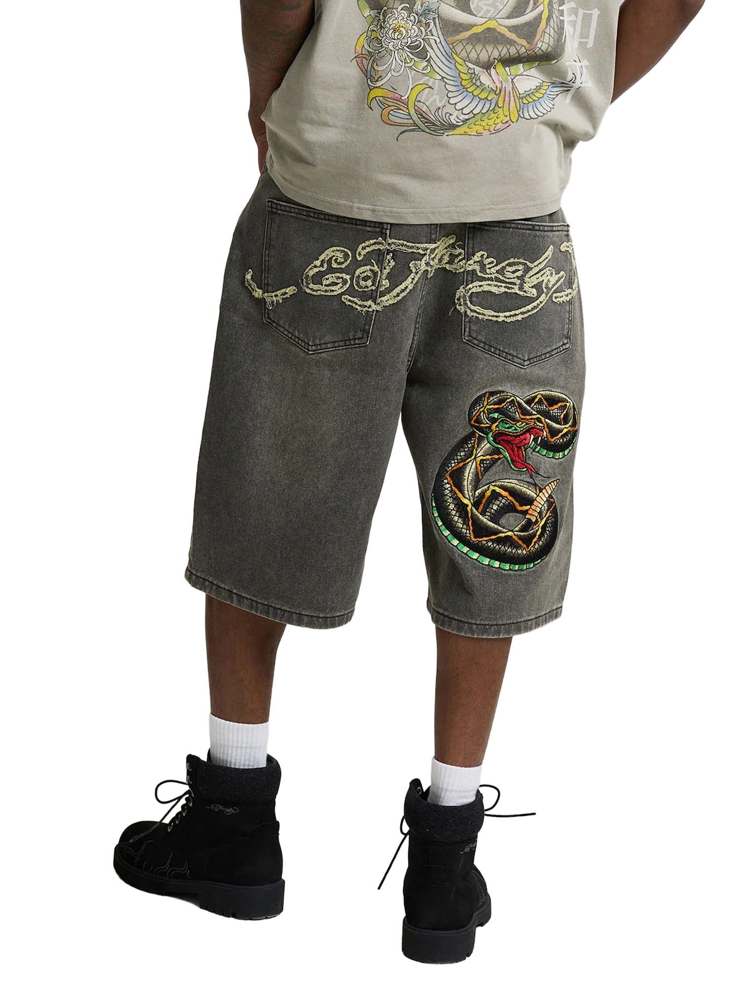 Ed Hardy Jort Desert Snake Relaxed Denim Nero