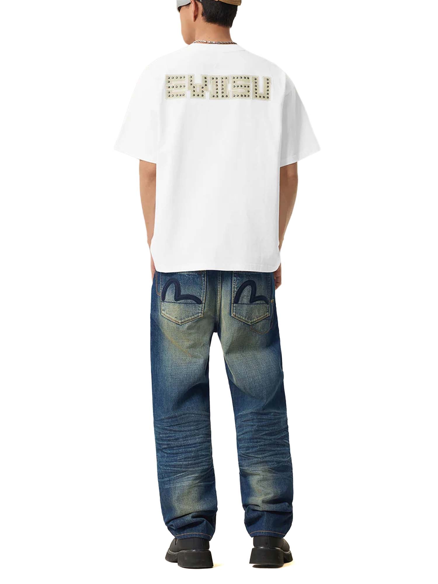 Evisu Seagull Printed Metal Studs T-shirt Bianco