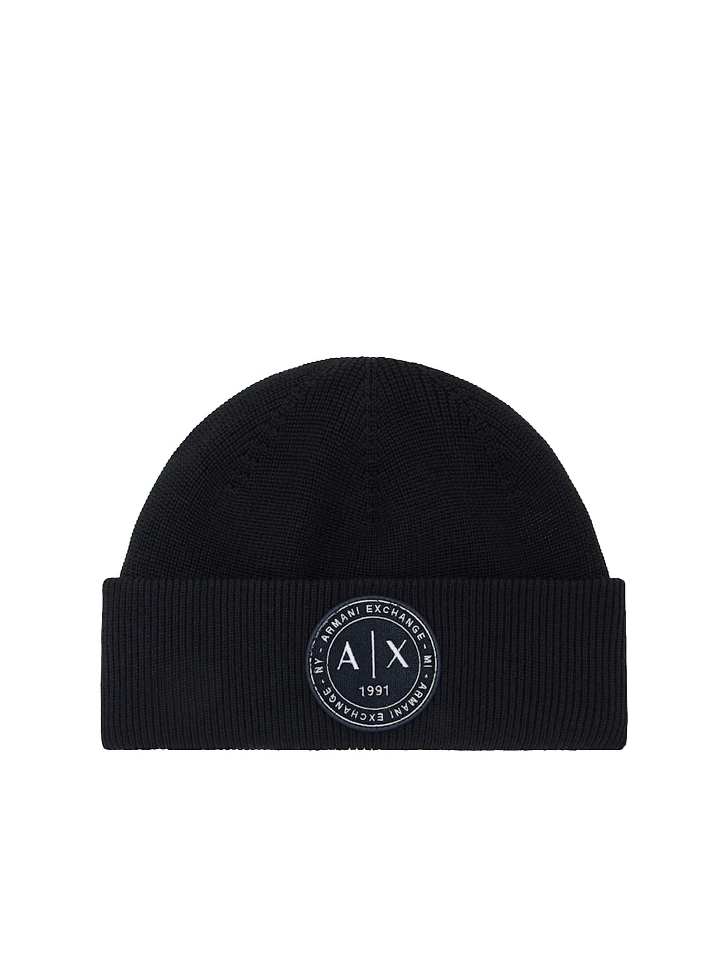 Armani Exchange Berretto a coste in misto lana e cotone con patch Nero