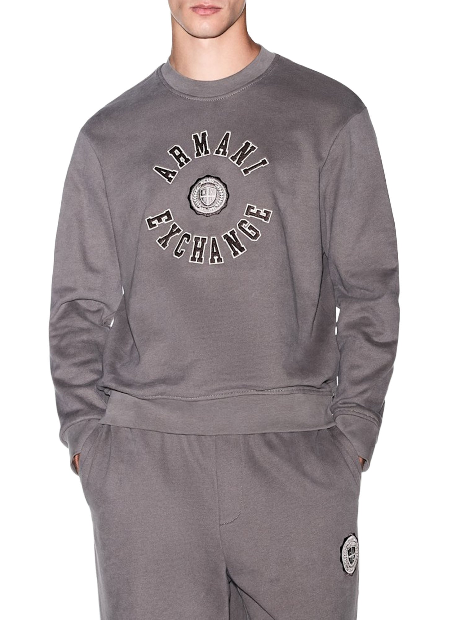Armani Exchange Felpa girocollo in cotone con logo e bordi a costine Marrone