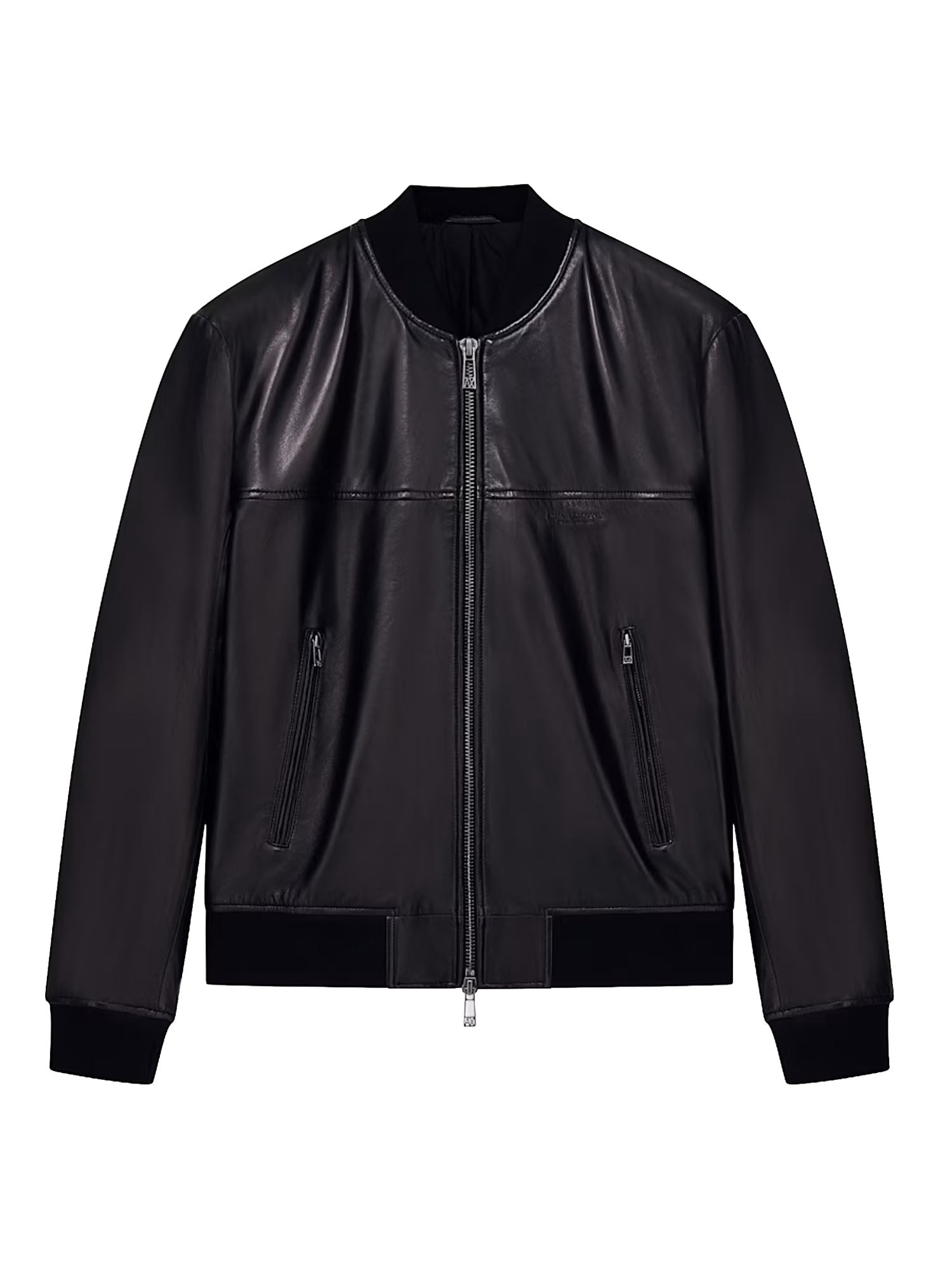 Armani Exchange Giubbotto bomber in pelle con zip e finiture a costine Nero