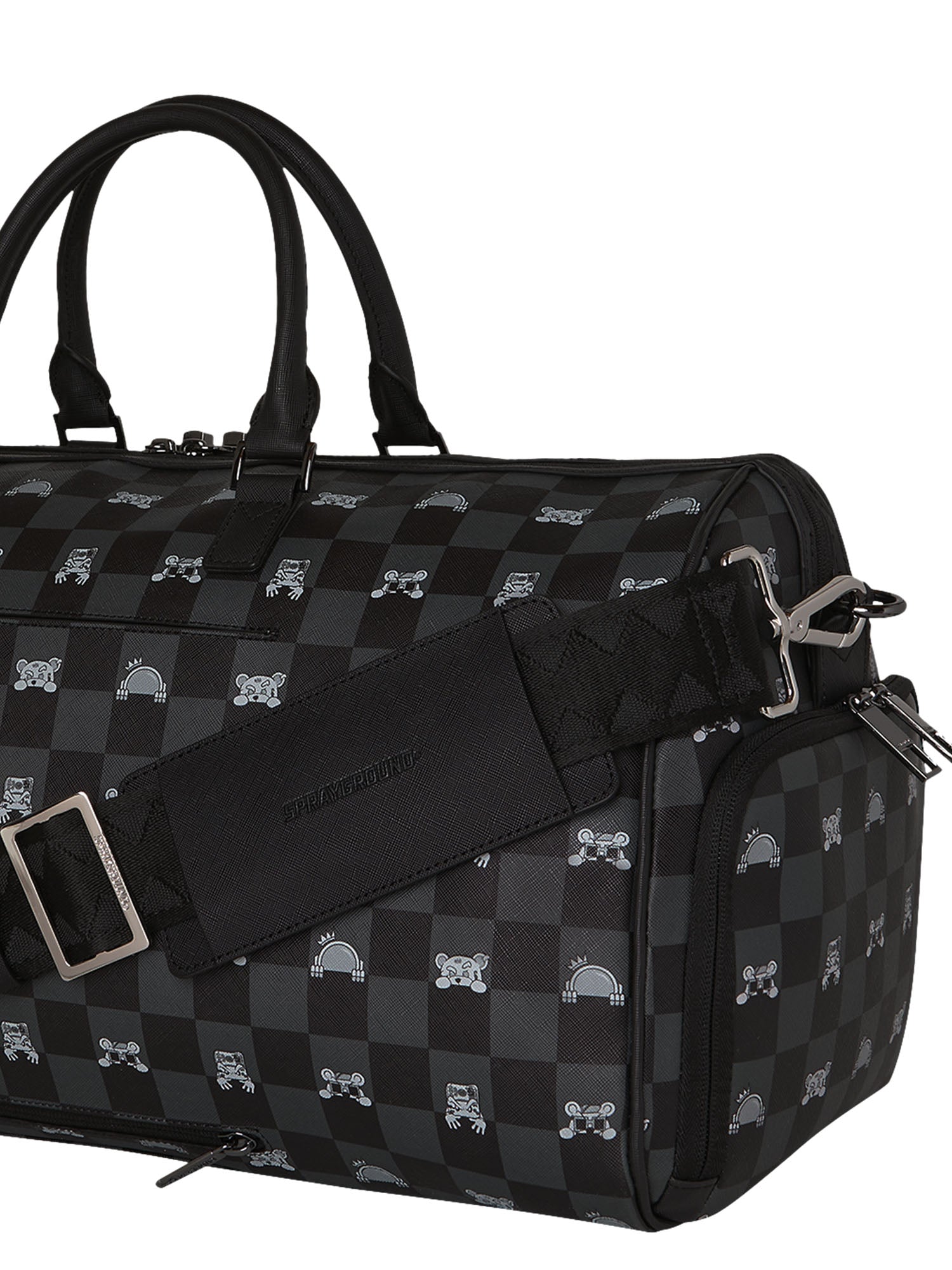 Sprayground Gray Peeking Character Check Large Duffle Nero