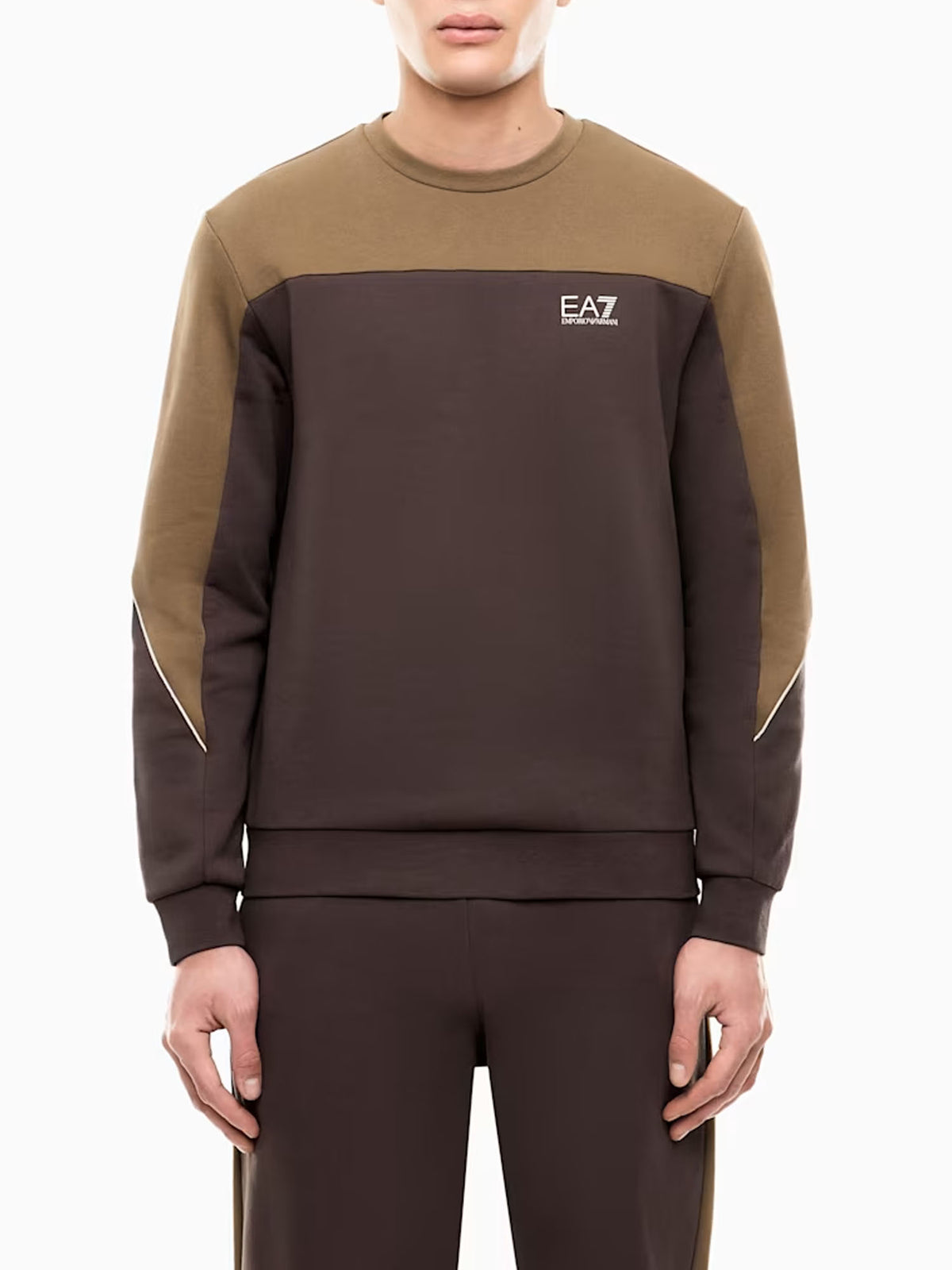 Ea7 Felpa girocollo in misto cotone con design a blocchi e logo Marrone