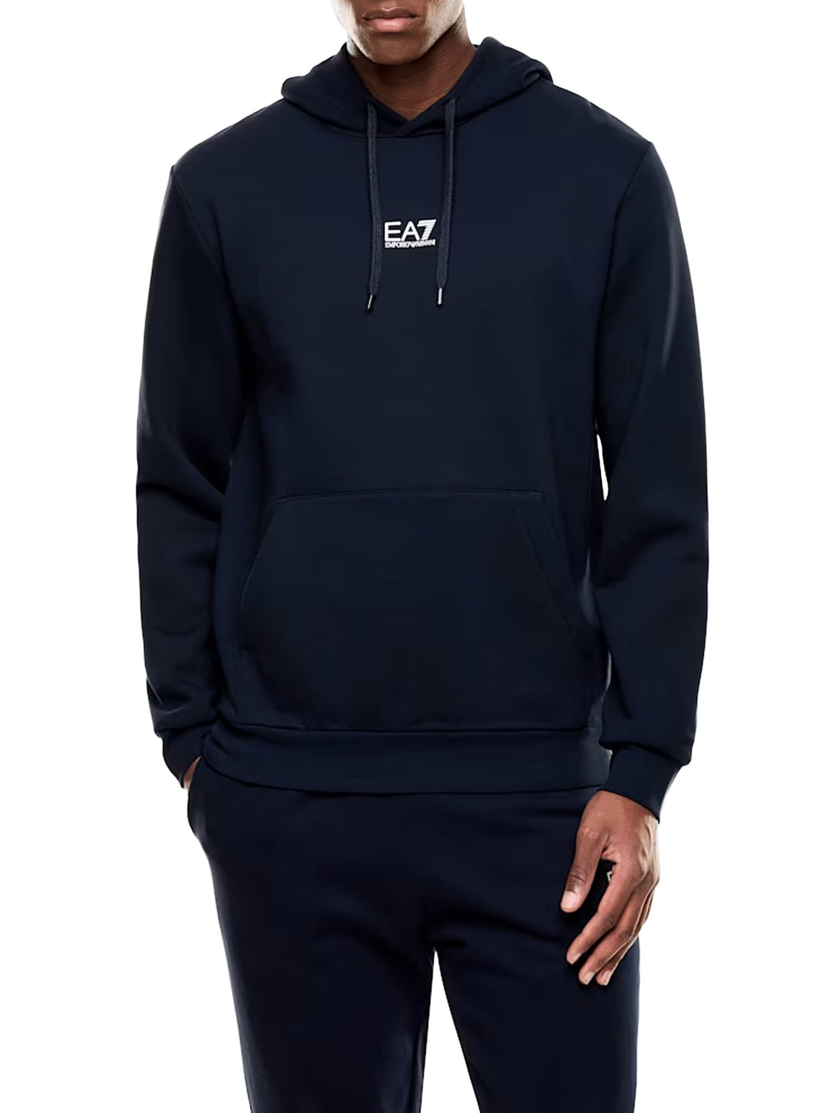 Ea7 Felpa misto cotone con cappuccio e tasca Core Identity Blu