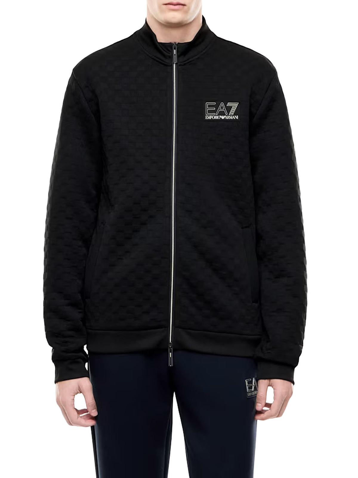 Ea7 Felpa Premium Label fullzip in jersey con dettagli in maglia Nero