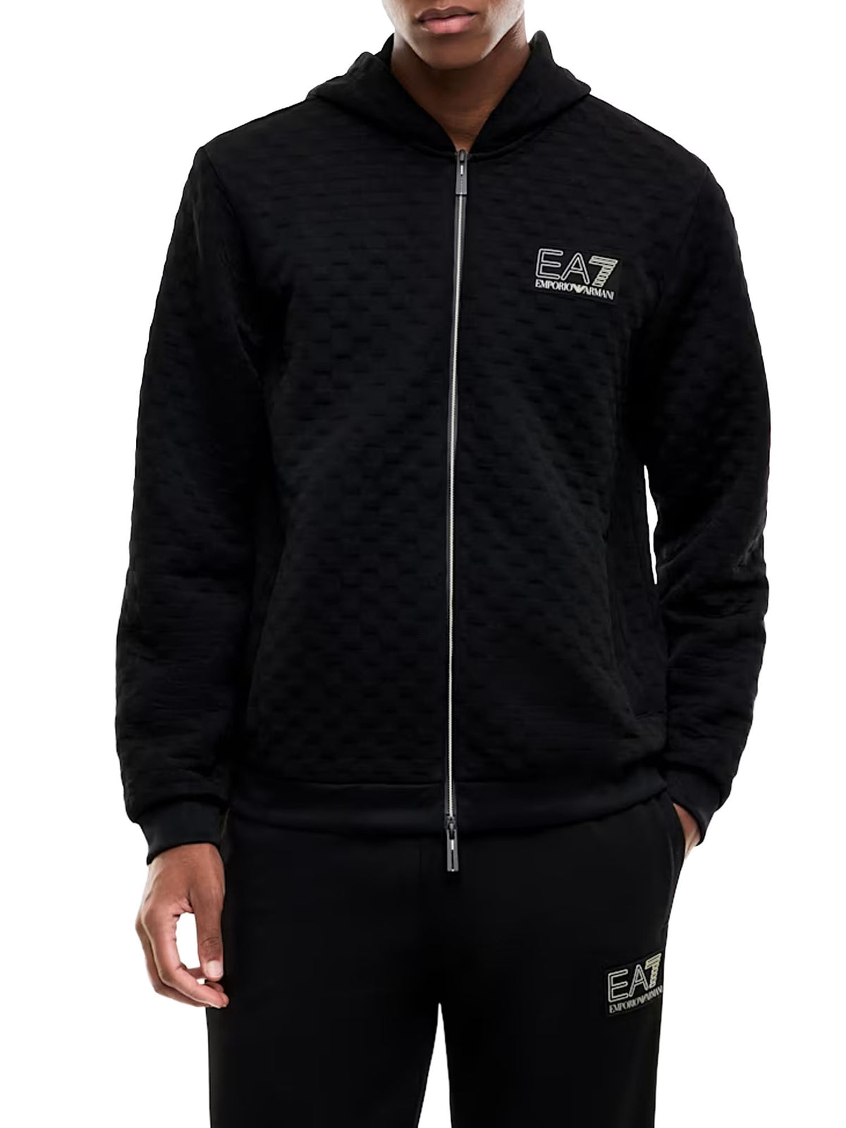Ea7 Felpa Premium Label con cappuccio e zip intera Nero