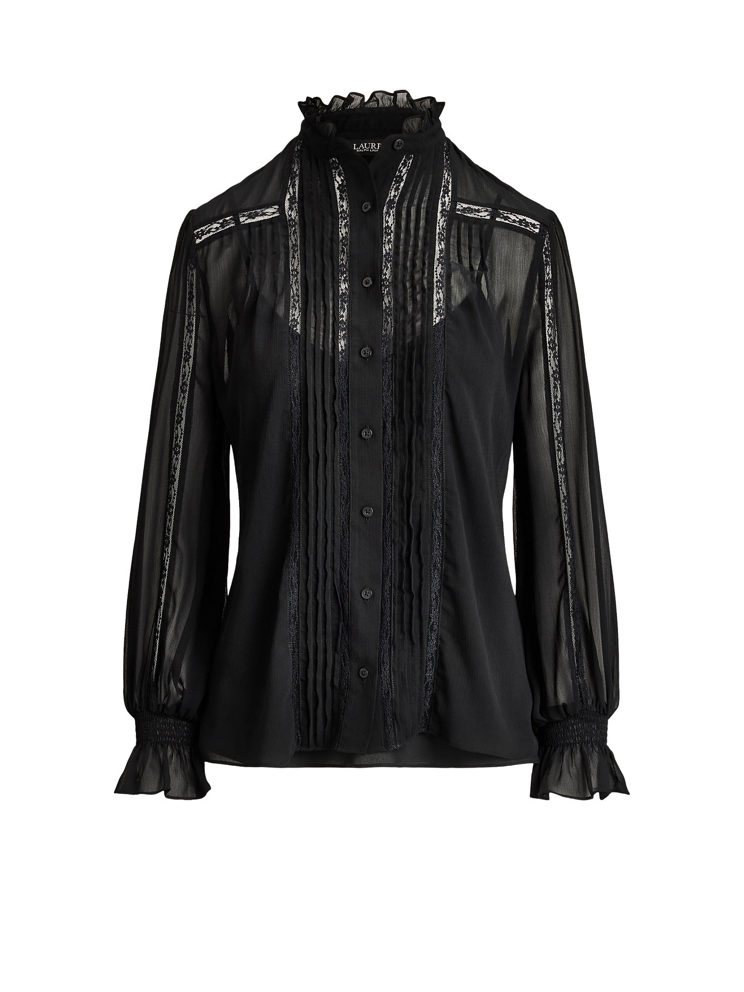 Lauren Ralph Lauren Blouse Lace-Trim Crinkle Georgette Nero