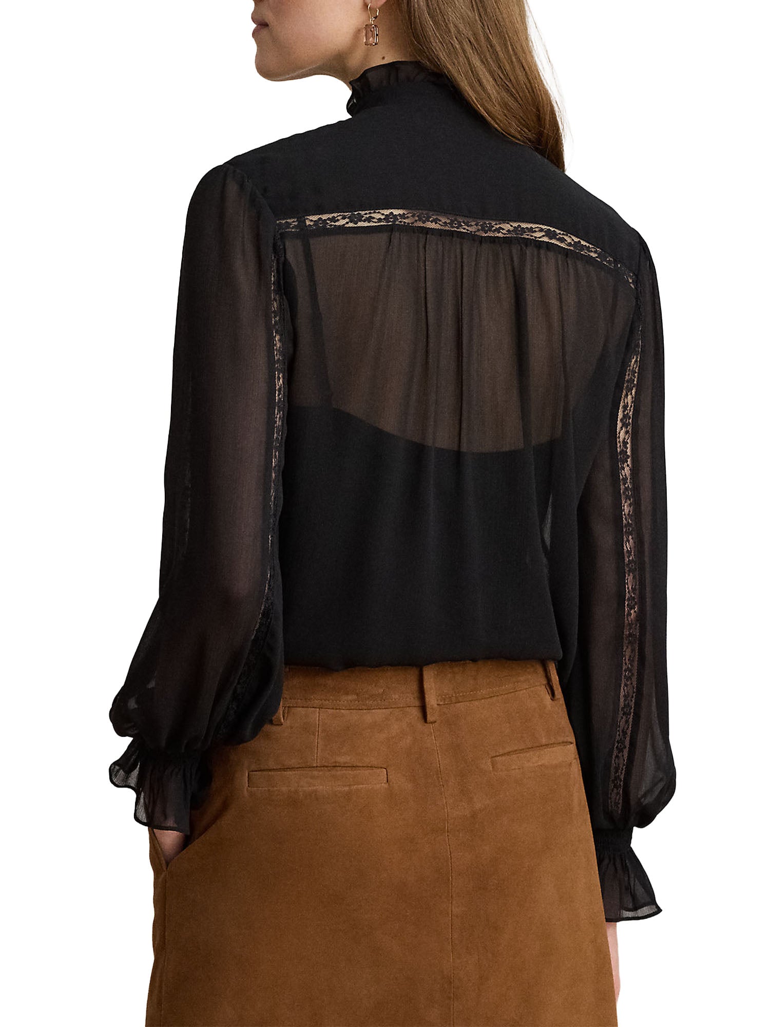 Lauren Ralph Lauren Blouse Lace-Trim Crinkle Georgette Nero
