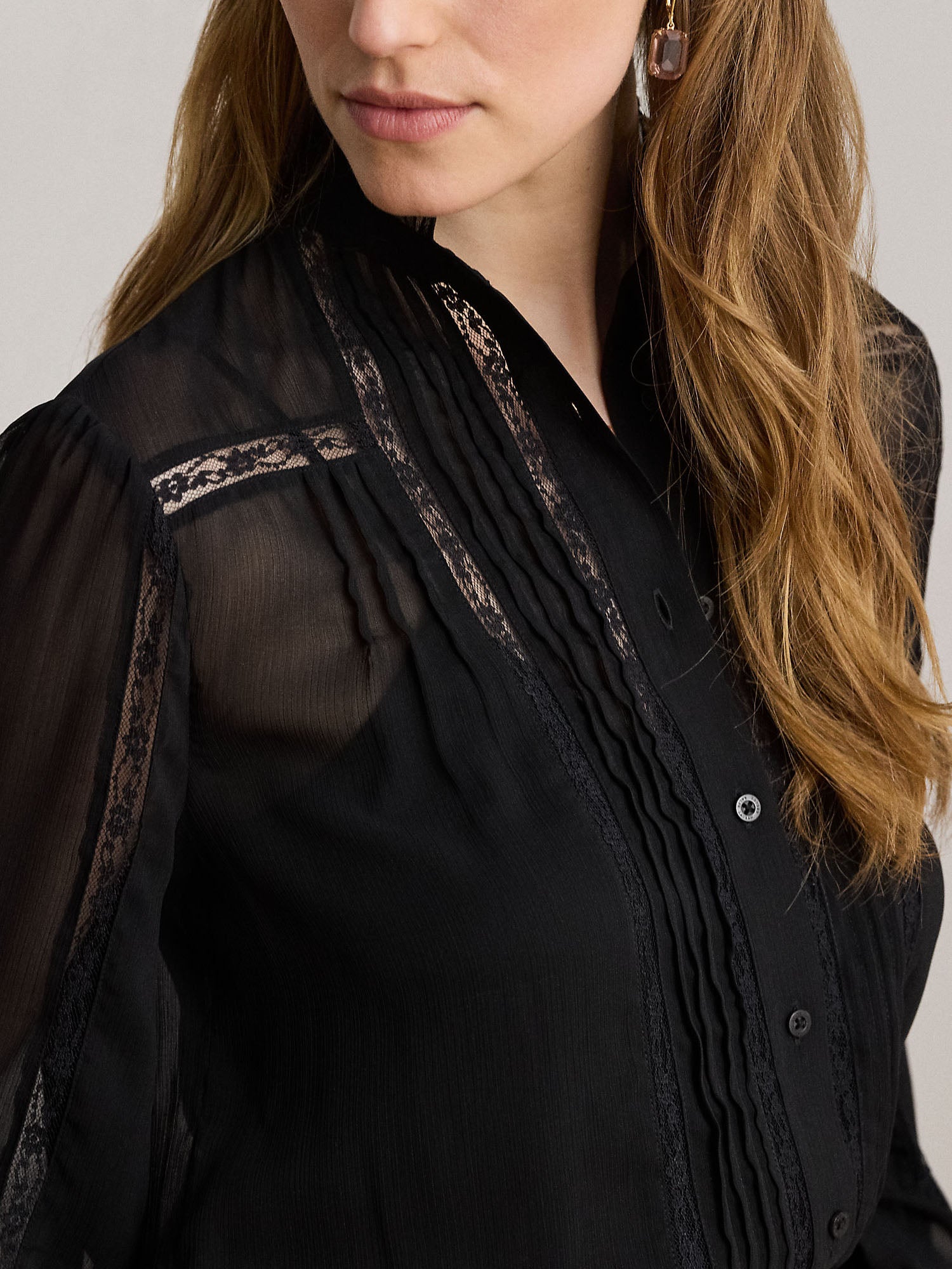 Lauren Ralph Lauren Blouse Lace-Trim Crinkle Georgette Nero