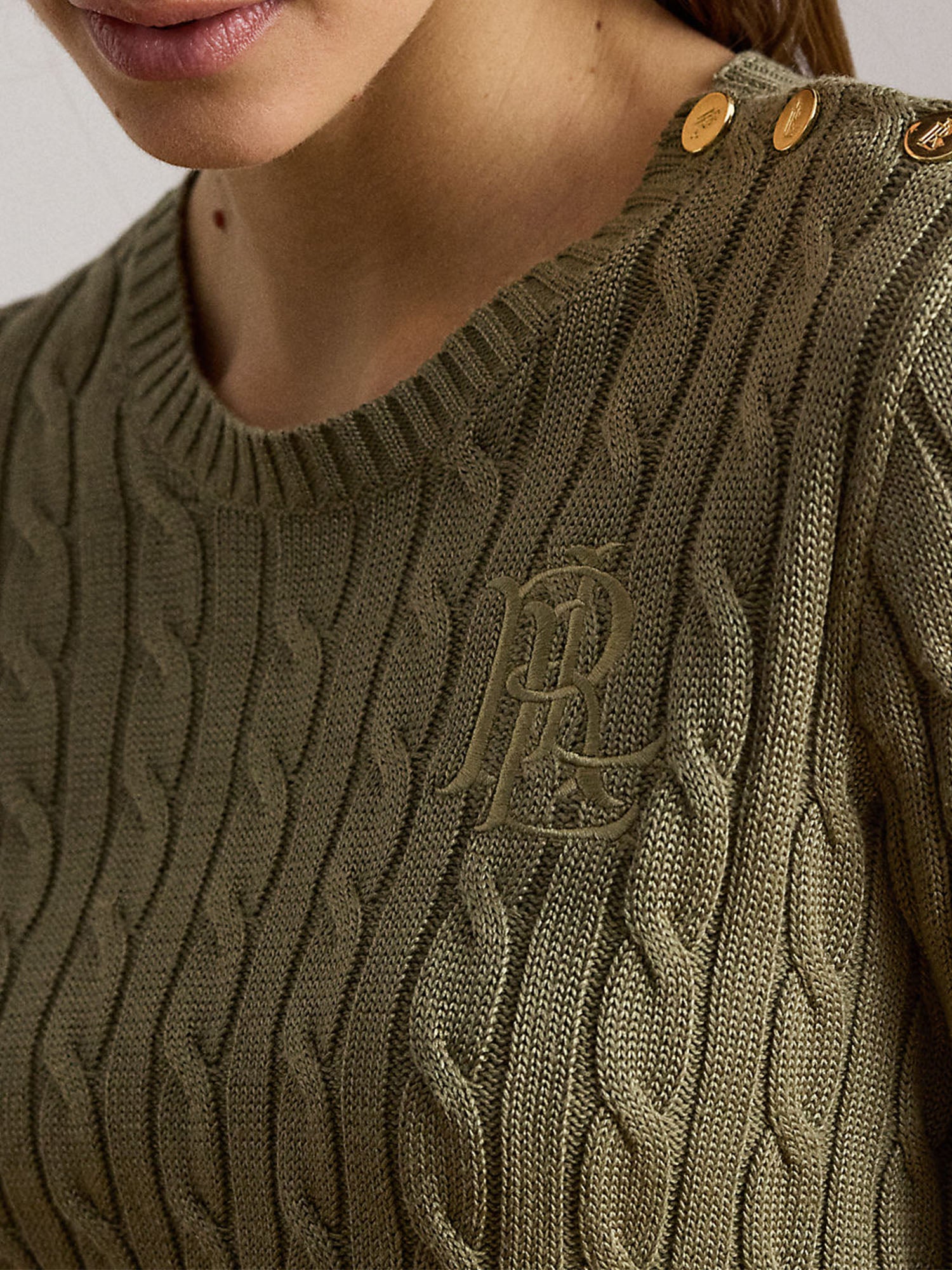 Lauren Ralph Lauren Button-Trim Cable-Knit Sweater Verde