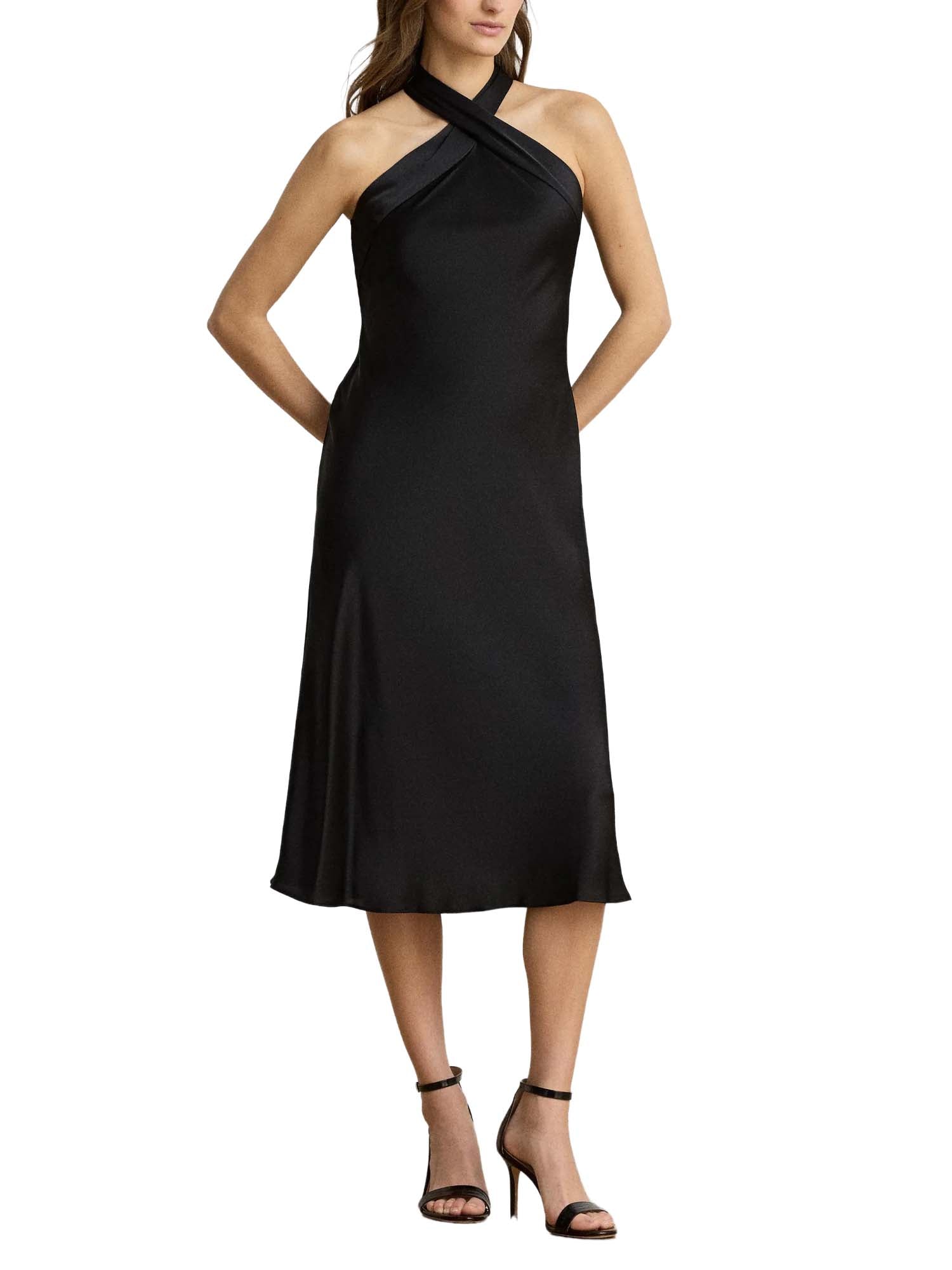 Lauren Ralph Lauren Vestito Tie-Back Charmeuse Halter Cocktail Nero