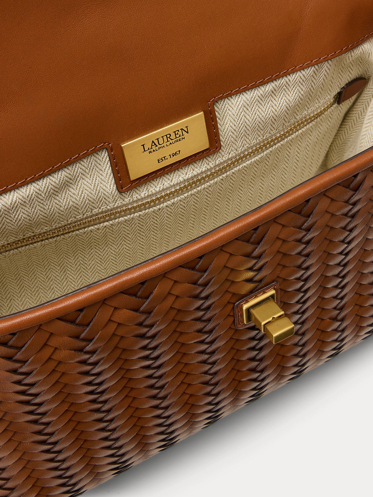 Lauren Ralph Lauren Woven Leather Small Farrah Soft Satchel Marrone
