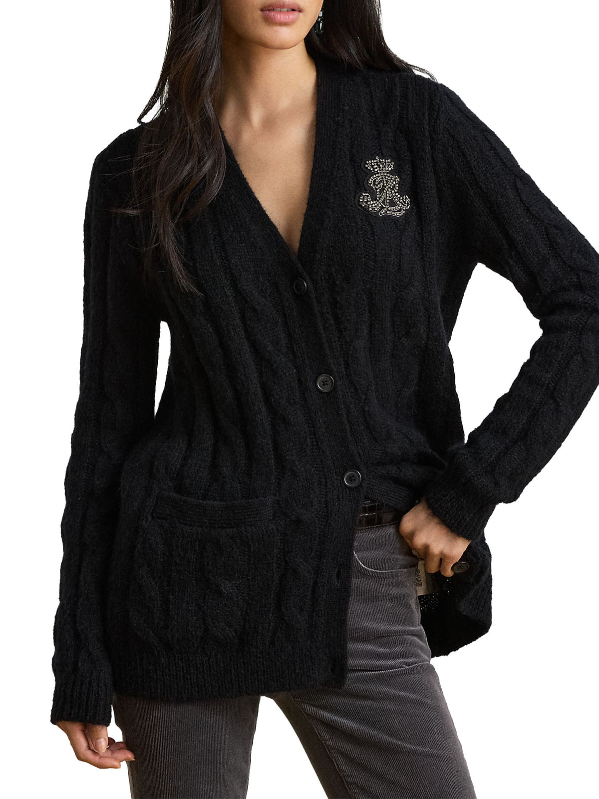 Lauren Ralph Lauren Cardigan a trecce con applicazione gioiello Nero