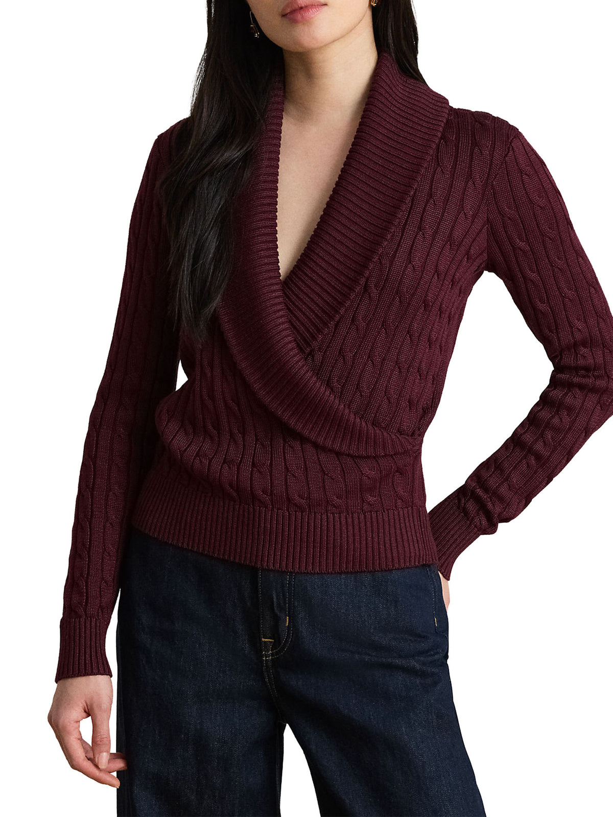 Lauren Ralph Lauren Cable Cotton-Blend Shawl-Collar Sweater Rosso