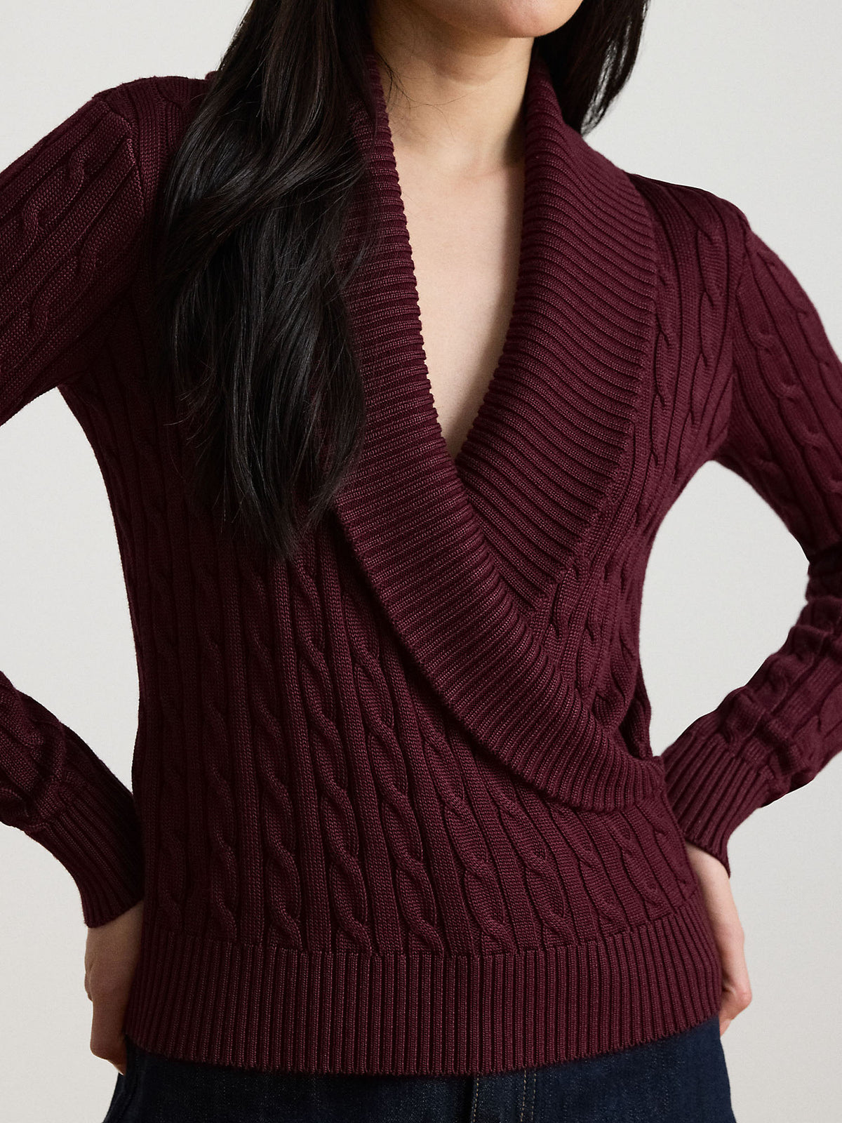 Lauren Ralph Lauren Cable Cotton-Blend Shawl-Collar Sweater Rosso