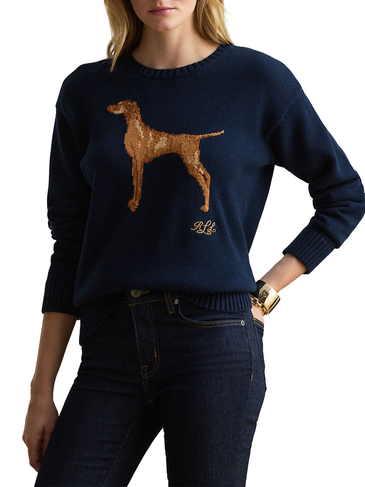 Lauren Ralph Lauren Intarsia-Knit Vizsla Cotton Sweater Blu