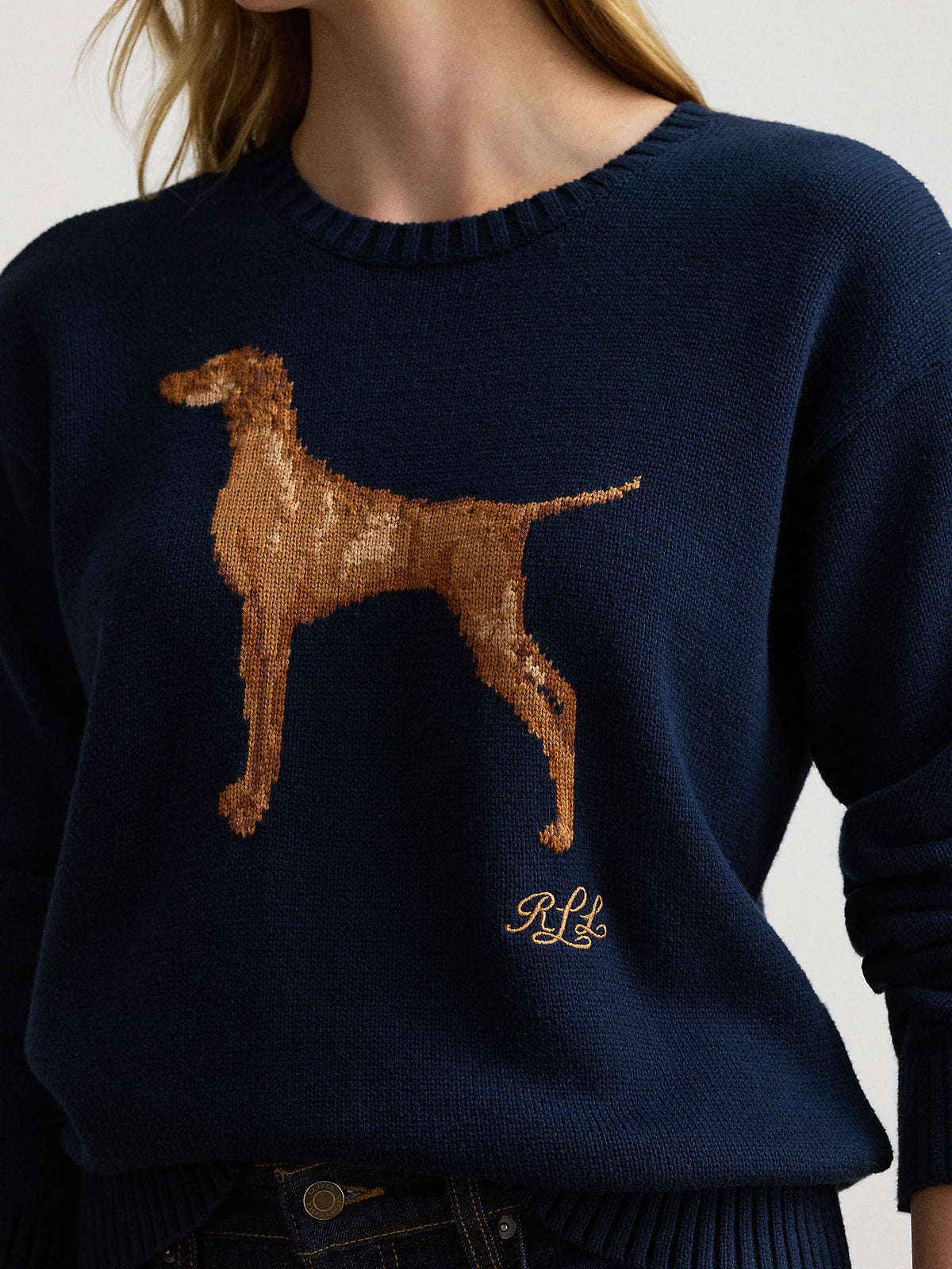 Lauren Ralph Lauren Intarsia-Knit Vizsla Cotton Sweater Blu