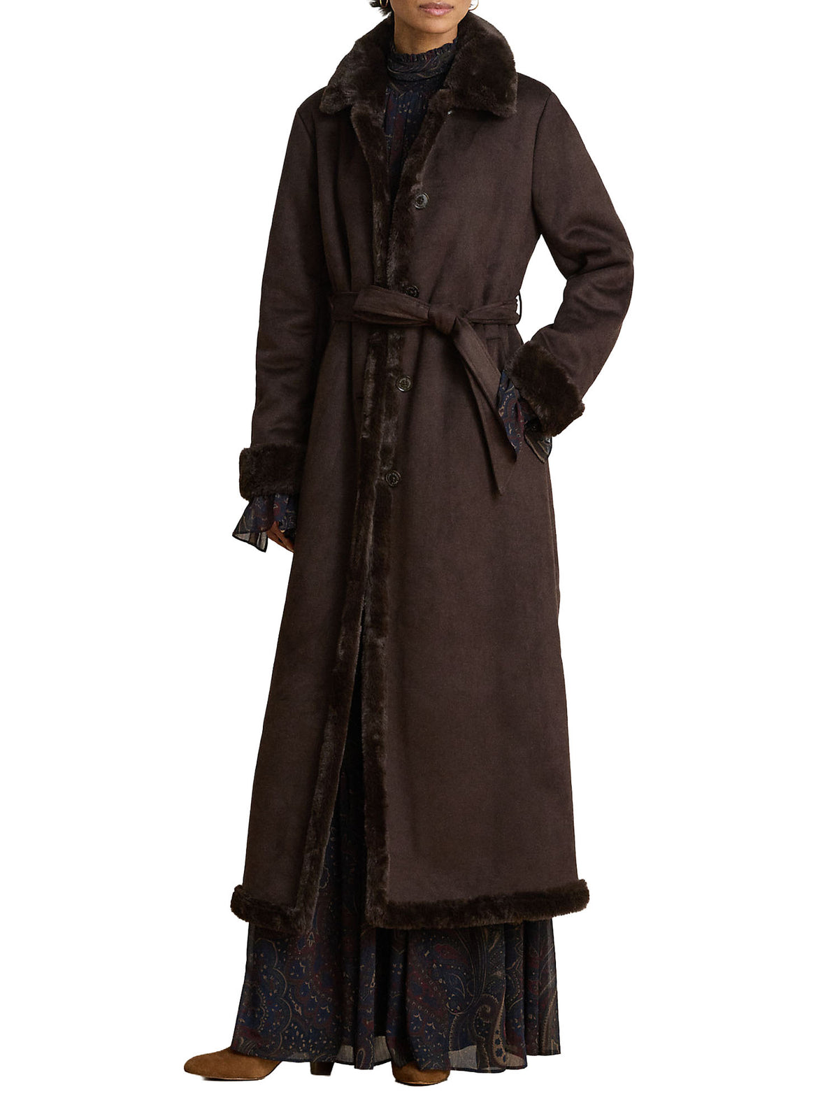 Lauren Ralph Lauren Cappotto lungo effetto shearling con cintura Marrone