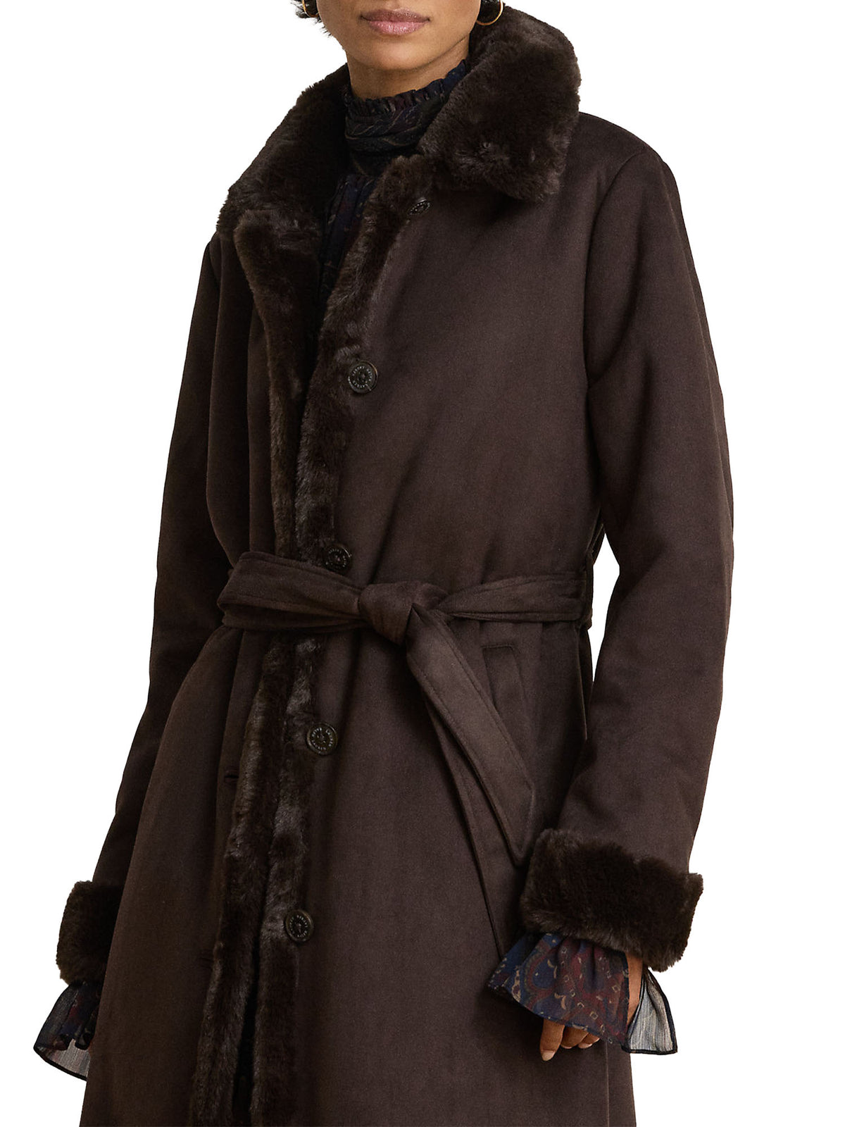 Lauren Ralph Lauren Cappotto lungo effetto shearling con cintura Marrone