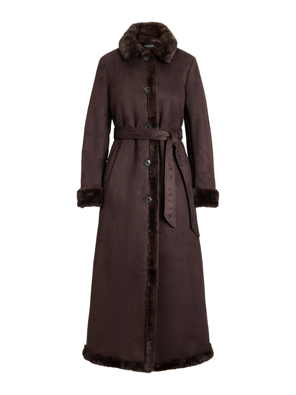Lauren Ralph Lauren Cappotto lungo effetto shearling con cintura Marrone