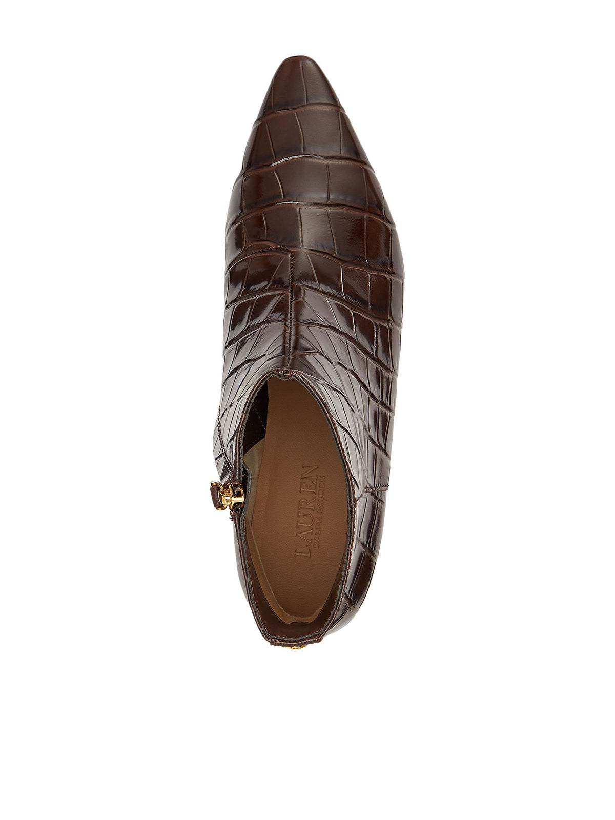 Lauren Ralph Lauren Francesca Croc Embossed Leather Bootie Marrone