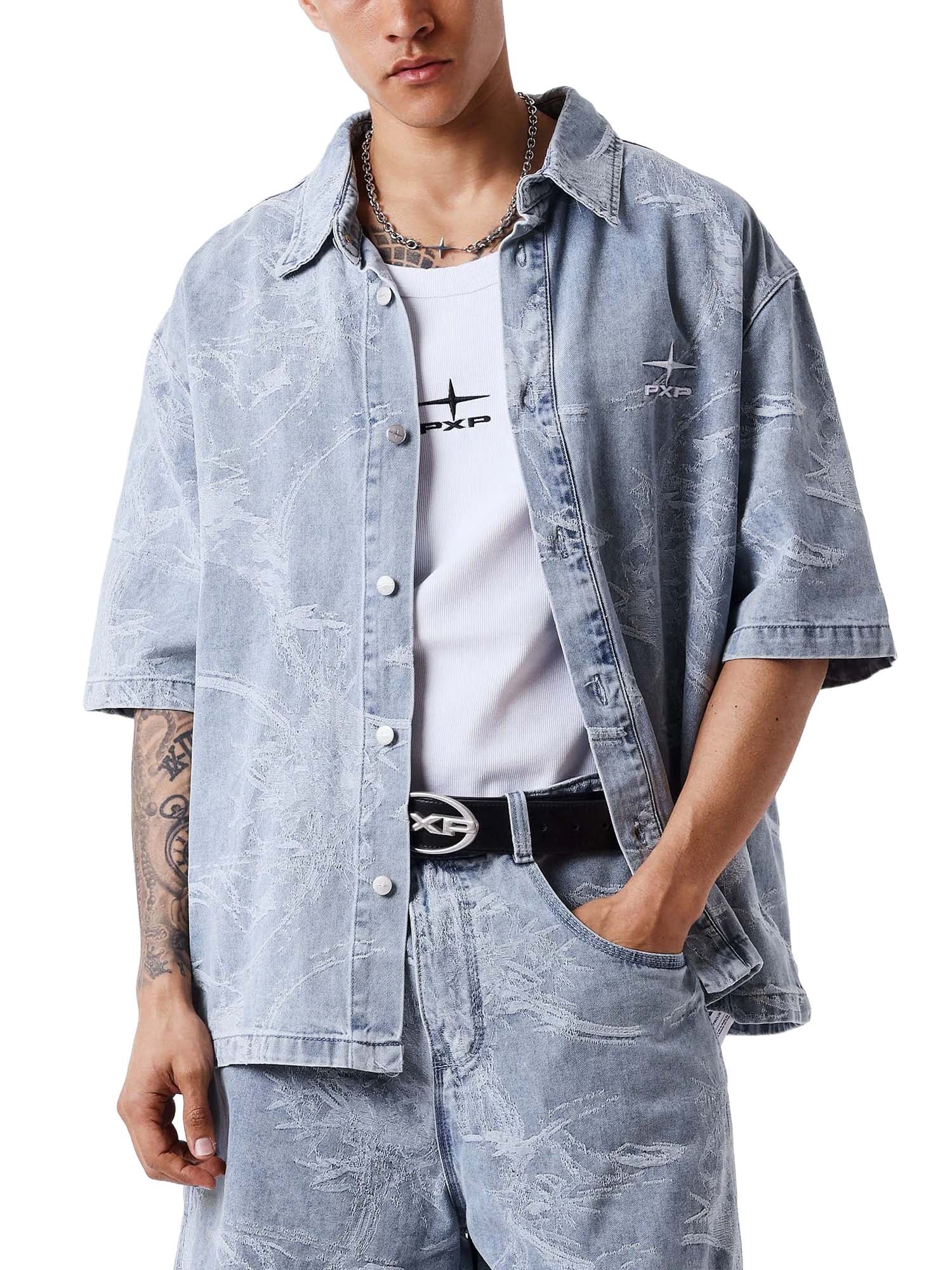Project X Paris Camicia a maniche corte in denim effetto usurato Blu