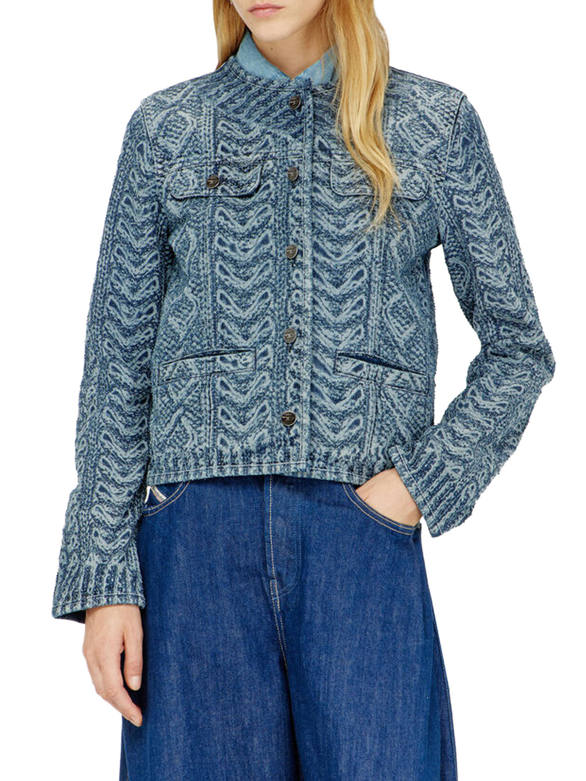 Diesel Giacca senza collo in denim effetto maglia a trecce Blu