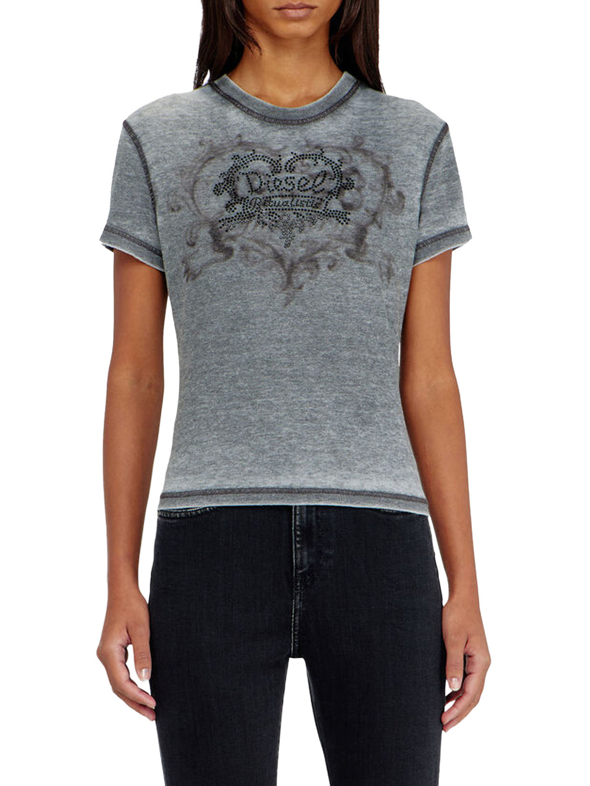Diesel T-shirt in jersey con strass ed effetto burnout Nero