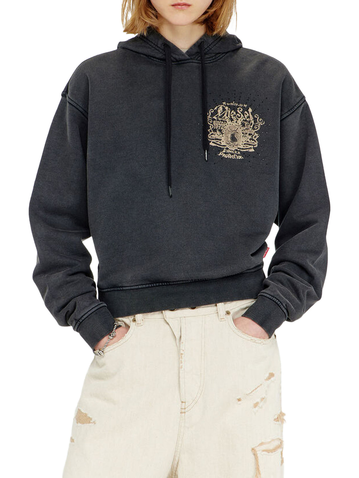 Diesel Felpa con cappuccio con stampe e applicazioni di strass Nero