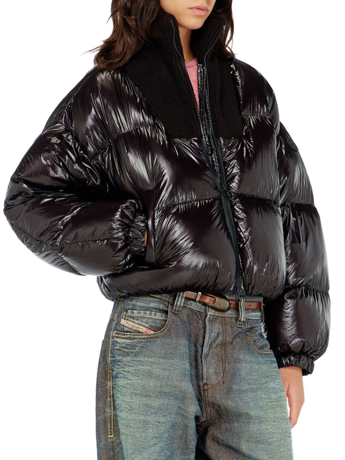 Diesel Piumino down in ripstop con collo a maglia Nero