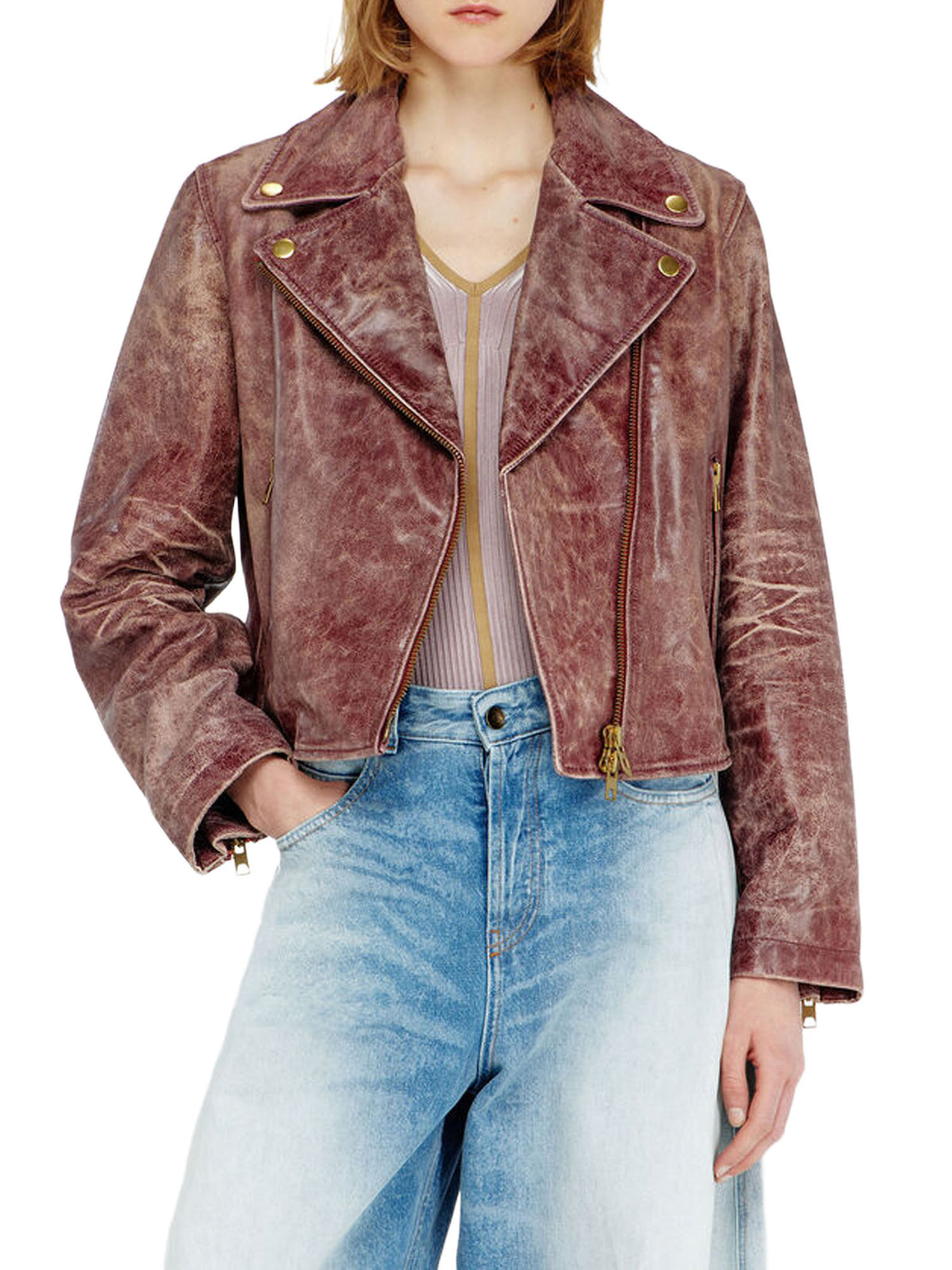 Diesel Giacca biker in pelle lavorata Marrone