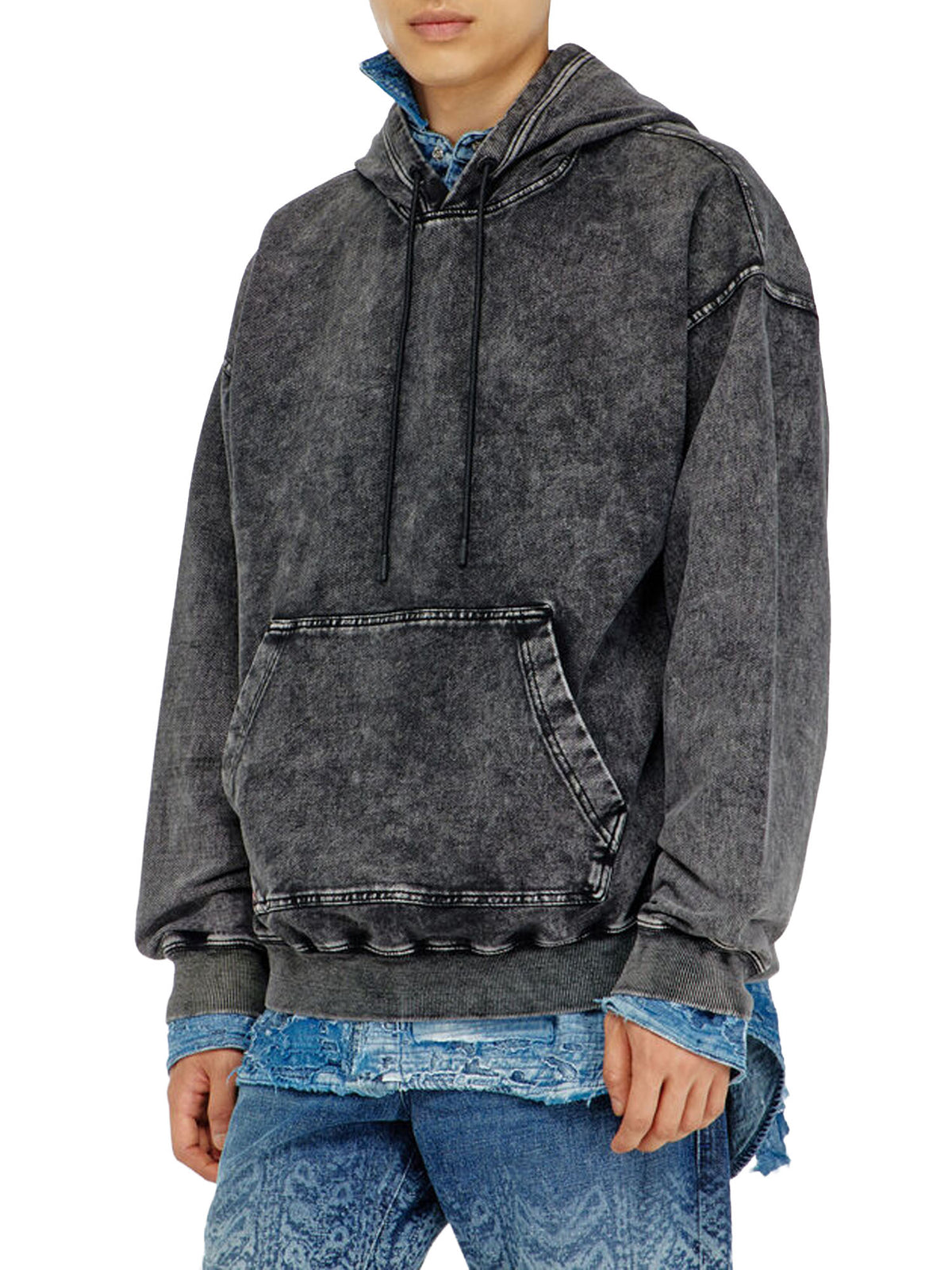 Diesel Felpa con cappuccio effetto denim lavorato Nero