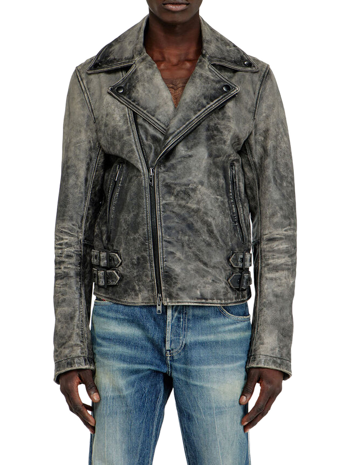 Diesel Giacca biker in pelle lavorata Nero