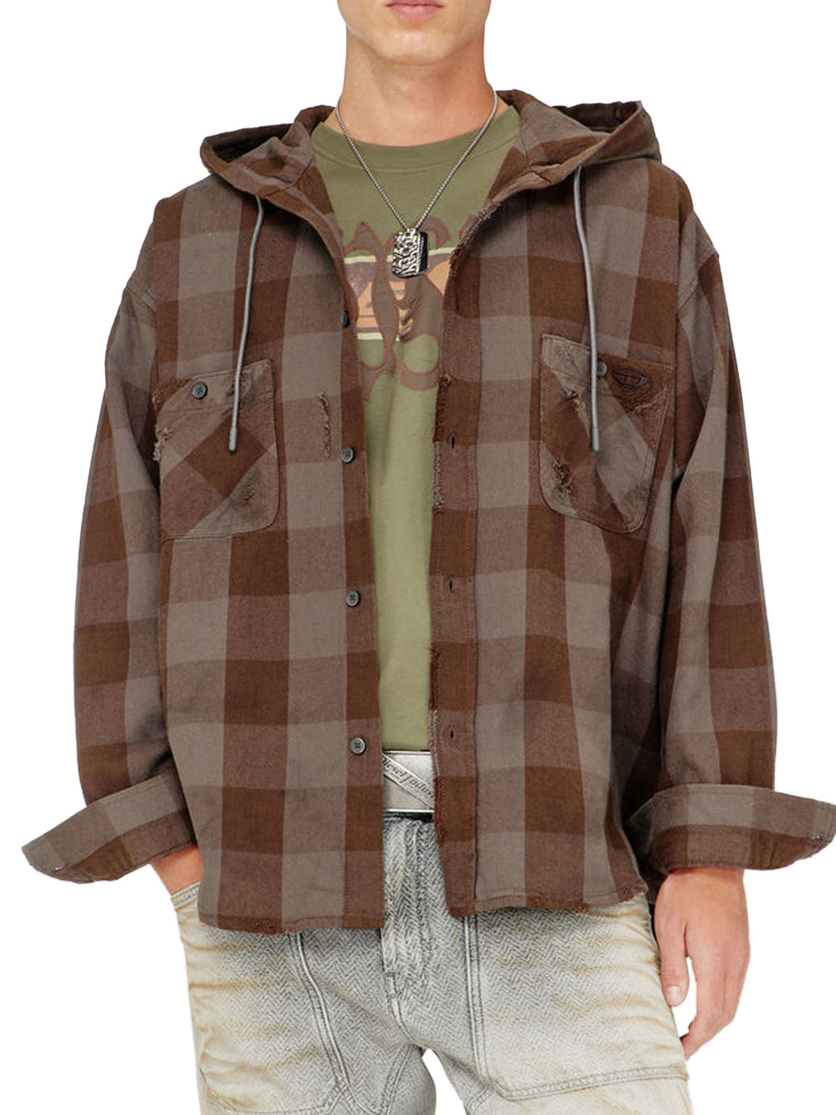 Diesel Camicia con cappuccio effetto distressed in flanella a quadri Grigio