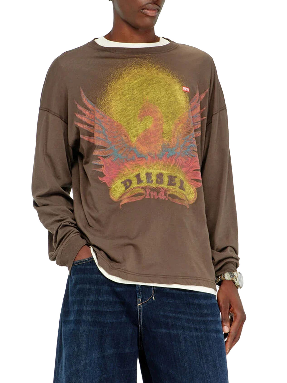 Diesel T-shirt a manica lunga con grafica Phoenix Marrone