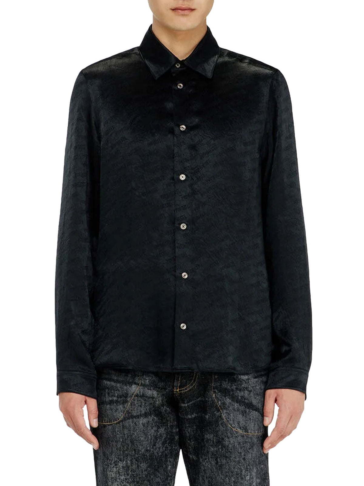 Diesel Camicia in raso crinkle jacquard con logo Nero