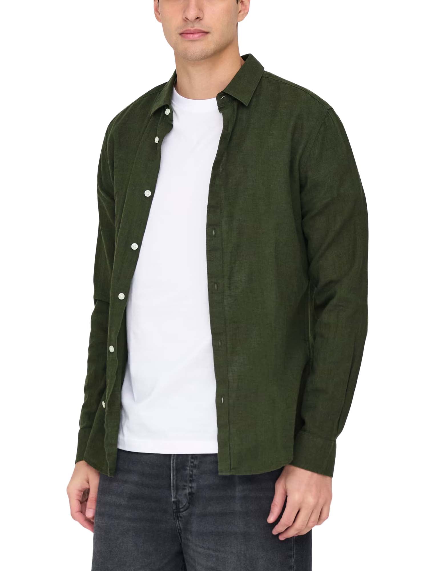 Only & Sons Camicia in Lino Slim Verde