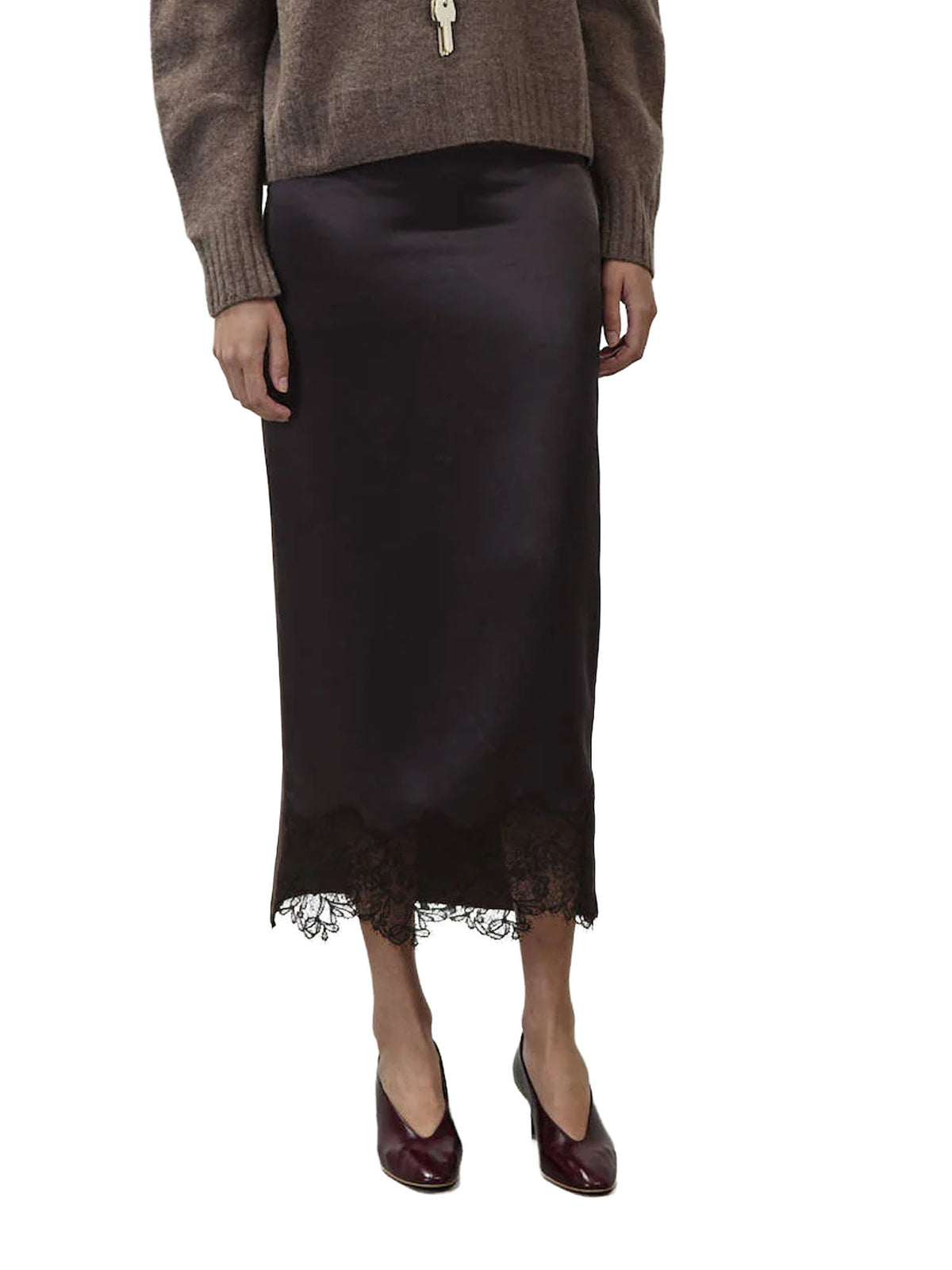 Alysi Gonna Midi Satin e Pizzo Marrone