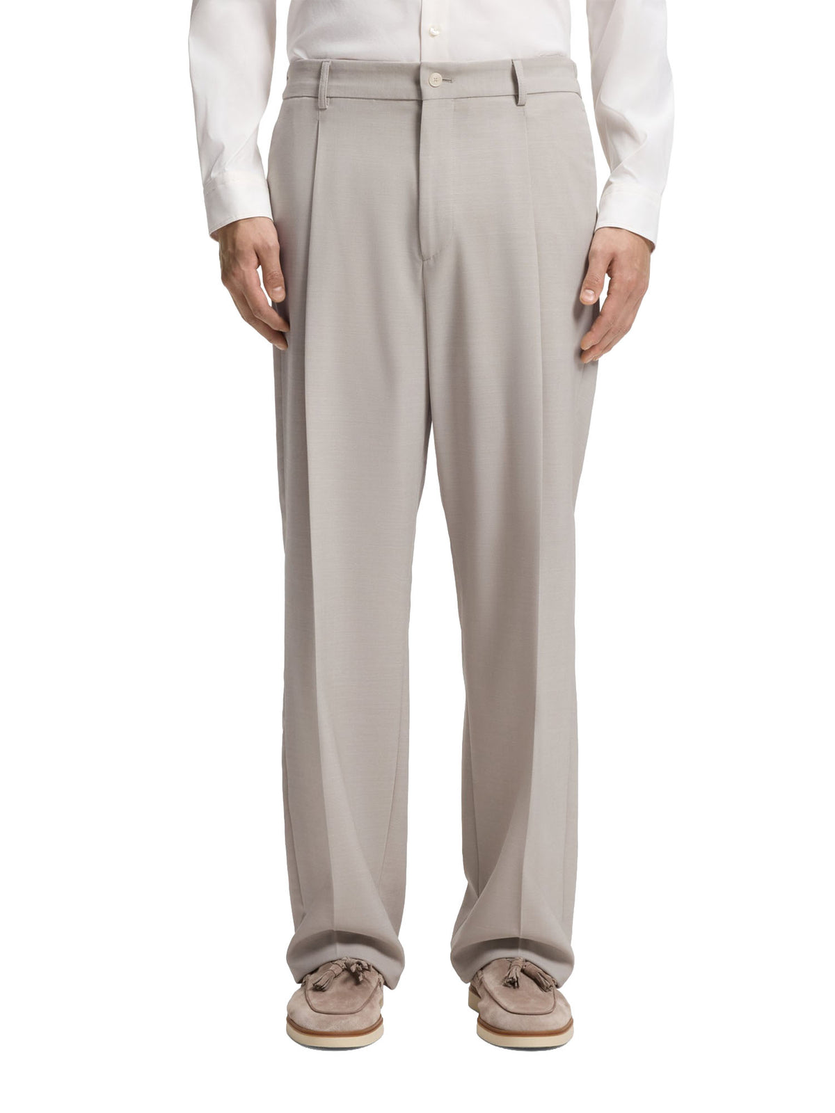 Boss Pantaloni relaxed fit in lana vergine con motivo Beige