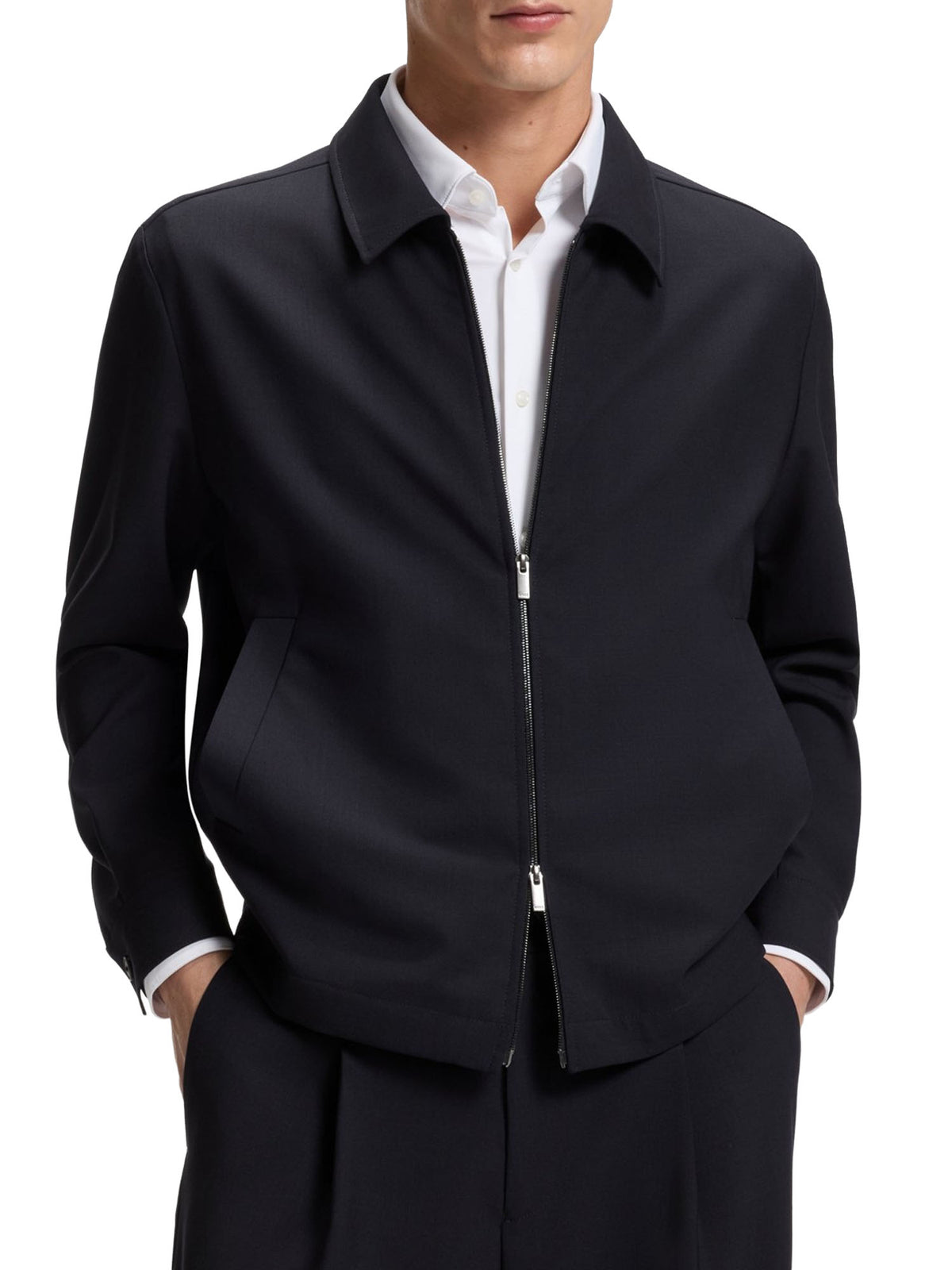 Boss Giacca relaxed fit con zip in lana vergine a motivi Blu