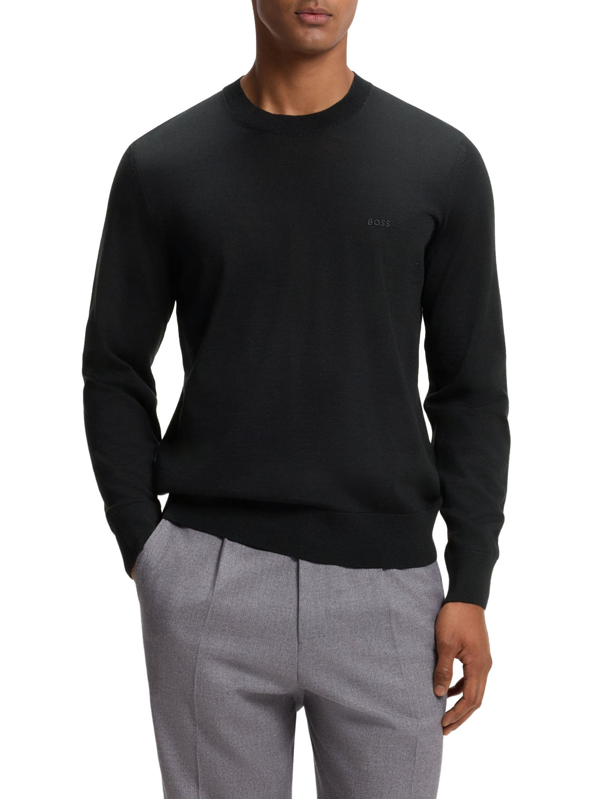 Boss Maglione in lana merino con logo ricamato Nero