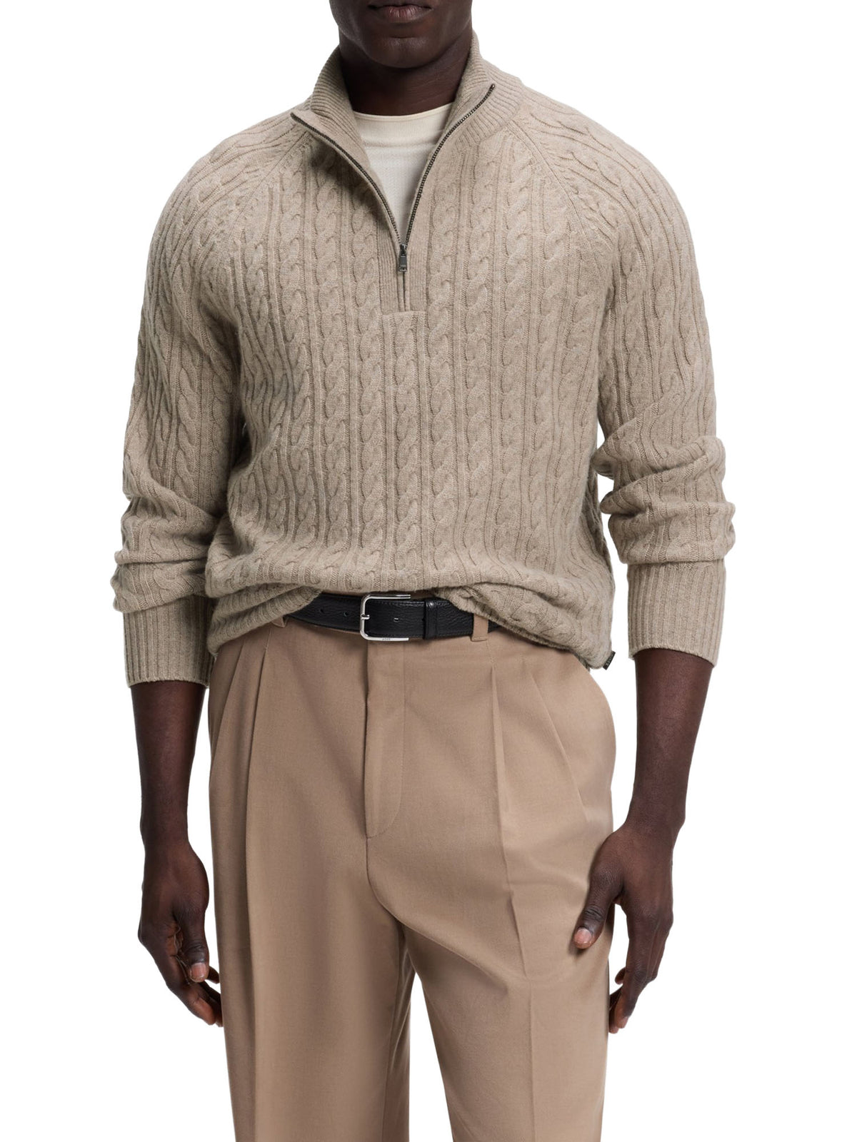 Boss Maglione con colletto con zip e motivo intrecciato all-over Marrone
