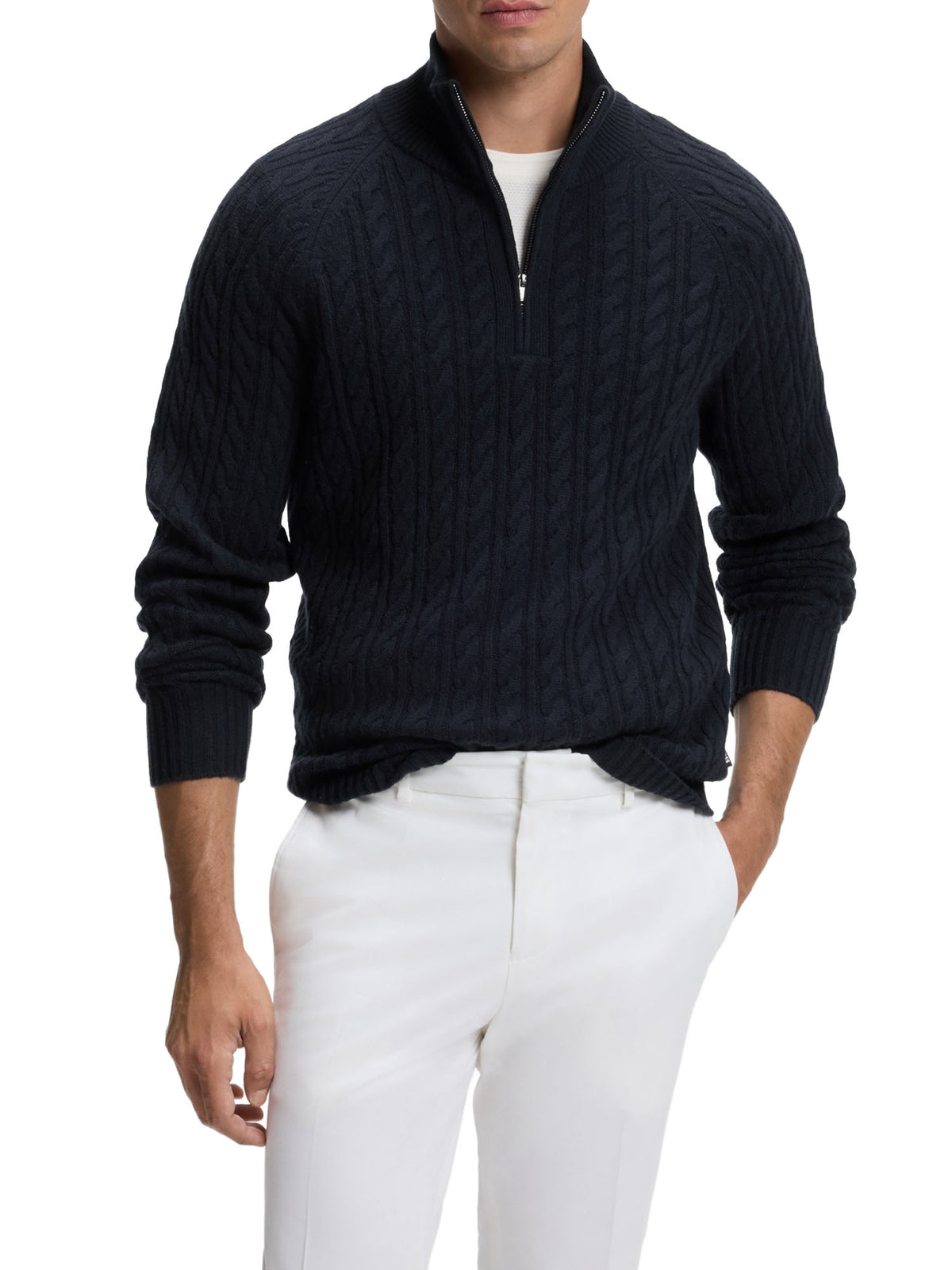 Boss Maglione con colletto con zip e motivo intrecciato all-over Blu