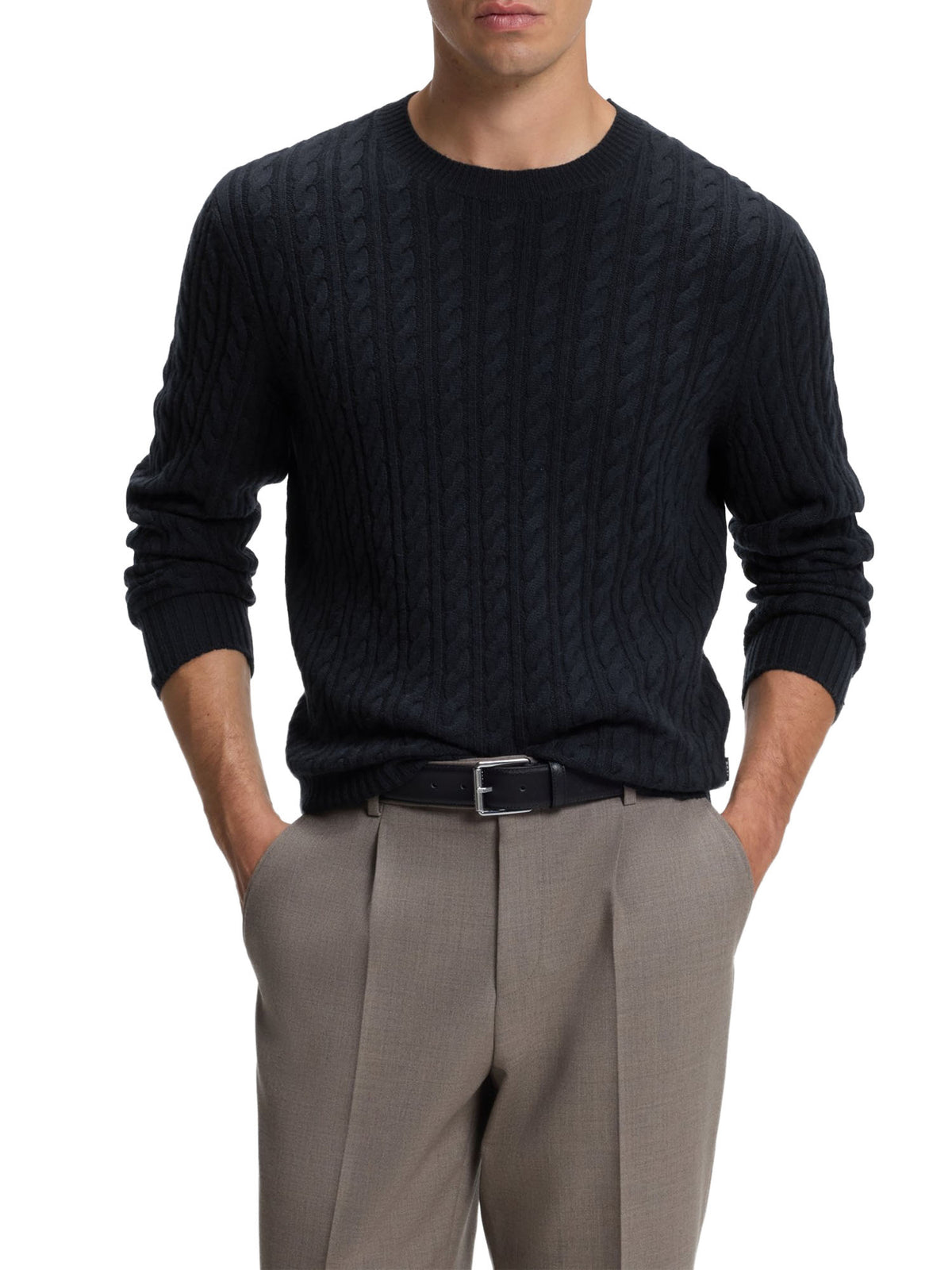 Boss Maglione a trecce in lana vergine e cashmere Blu