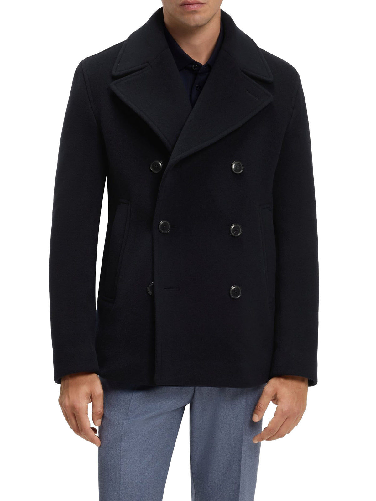 Boss Cappotto corto doppiopetto slim fit in misto lana Blu