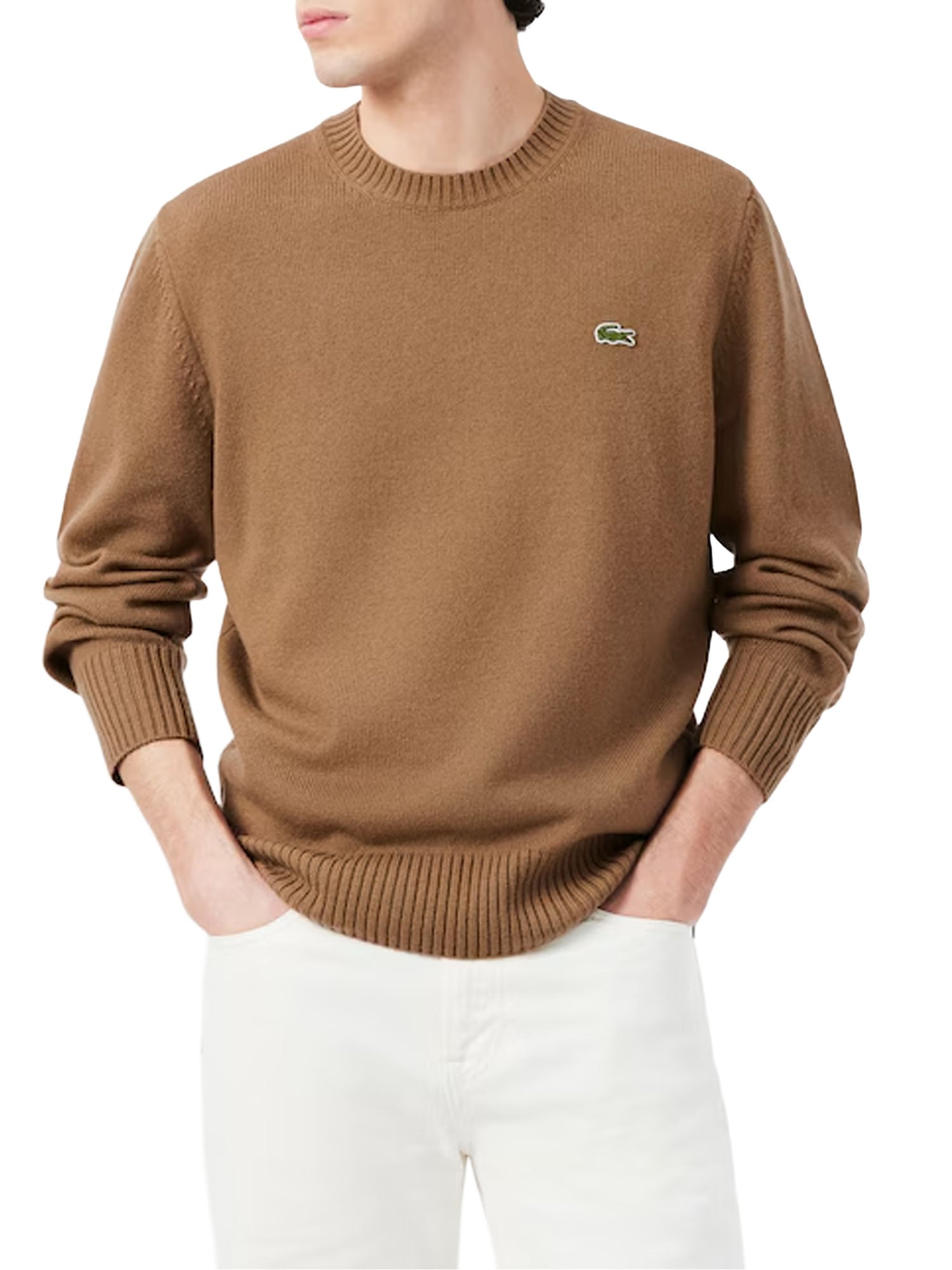 Lacoste Maglione a girocollo in lana cardata Marrone