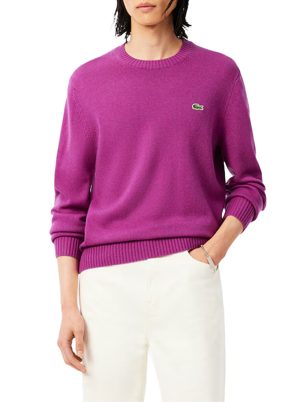 Lacoste Maglione a girocollo in lana cardata Rosa
